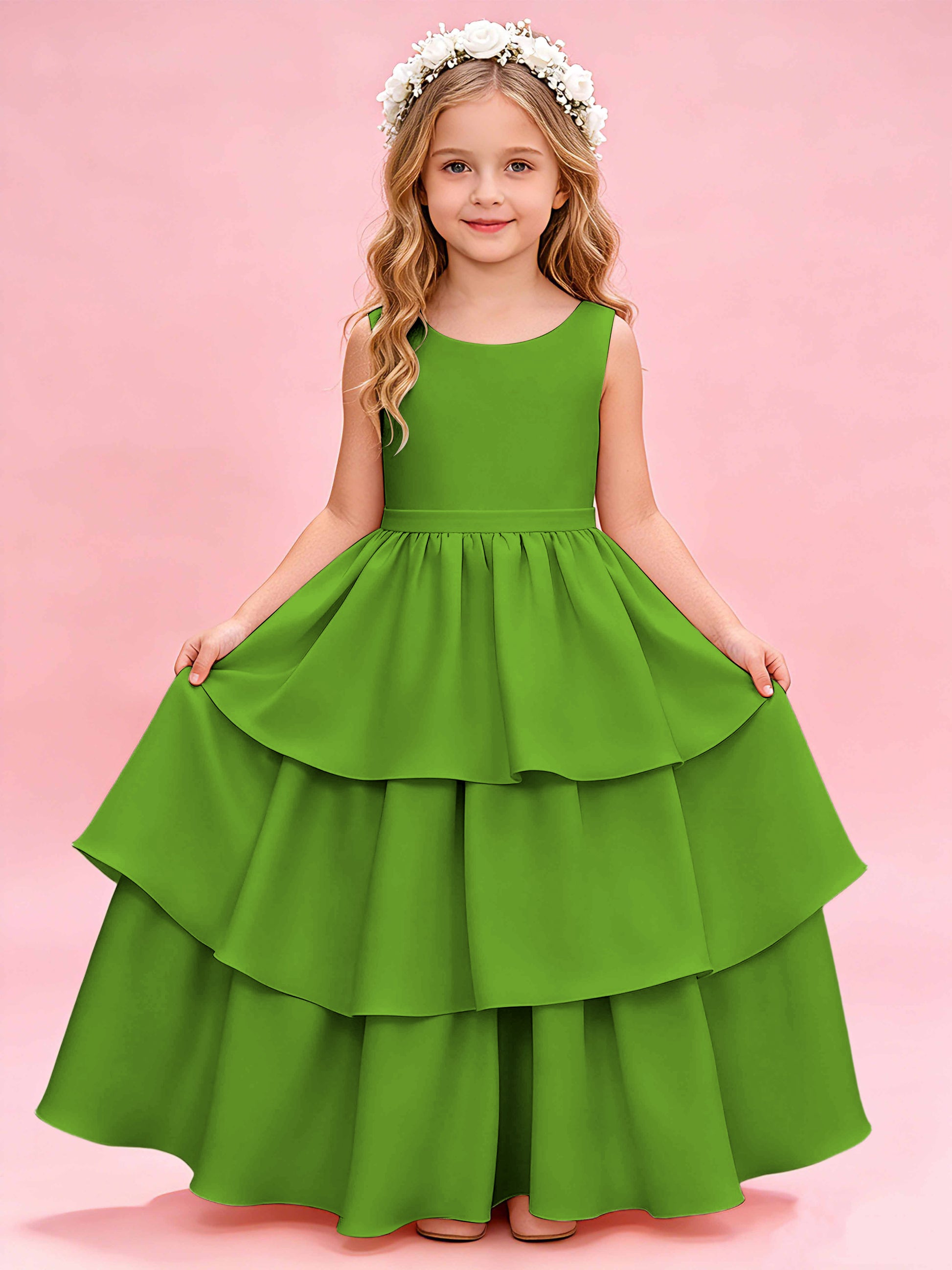 Tiered Flower Girl Dress with Bow Princess Girls Pageant Gowns