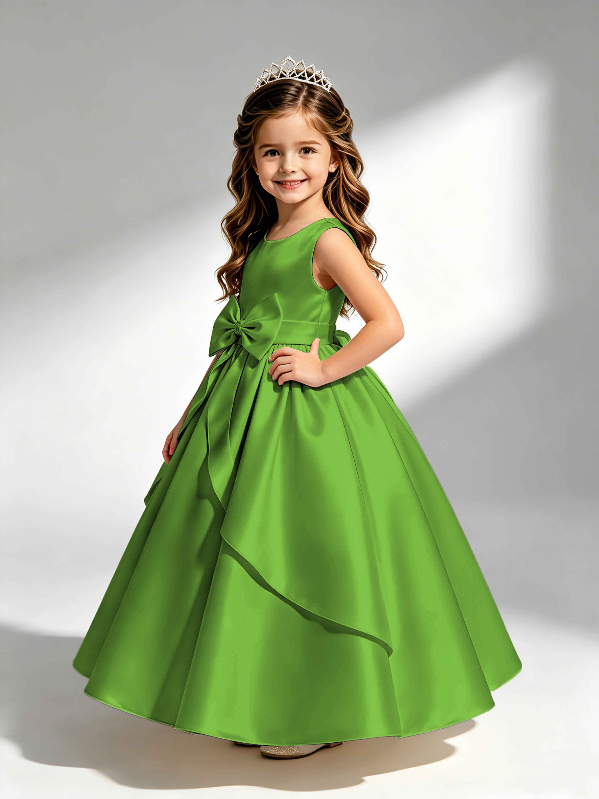 Satin Flower Girl Dress with Bow Princess Girls Pageant Gowns
