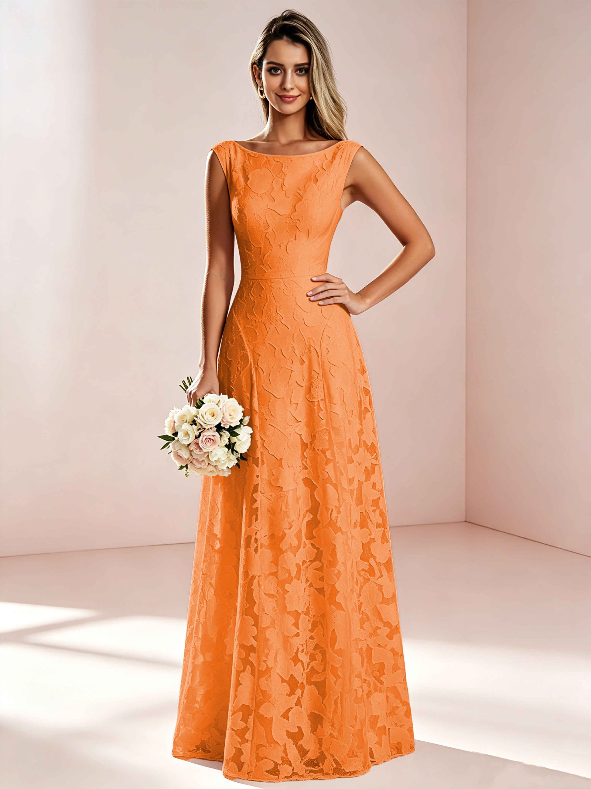 Boat Neck Jacquard Chiffon Floor Length Bridesmaid Dresses