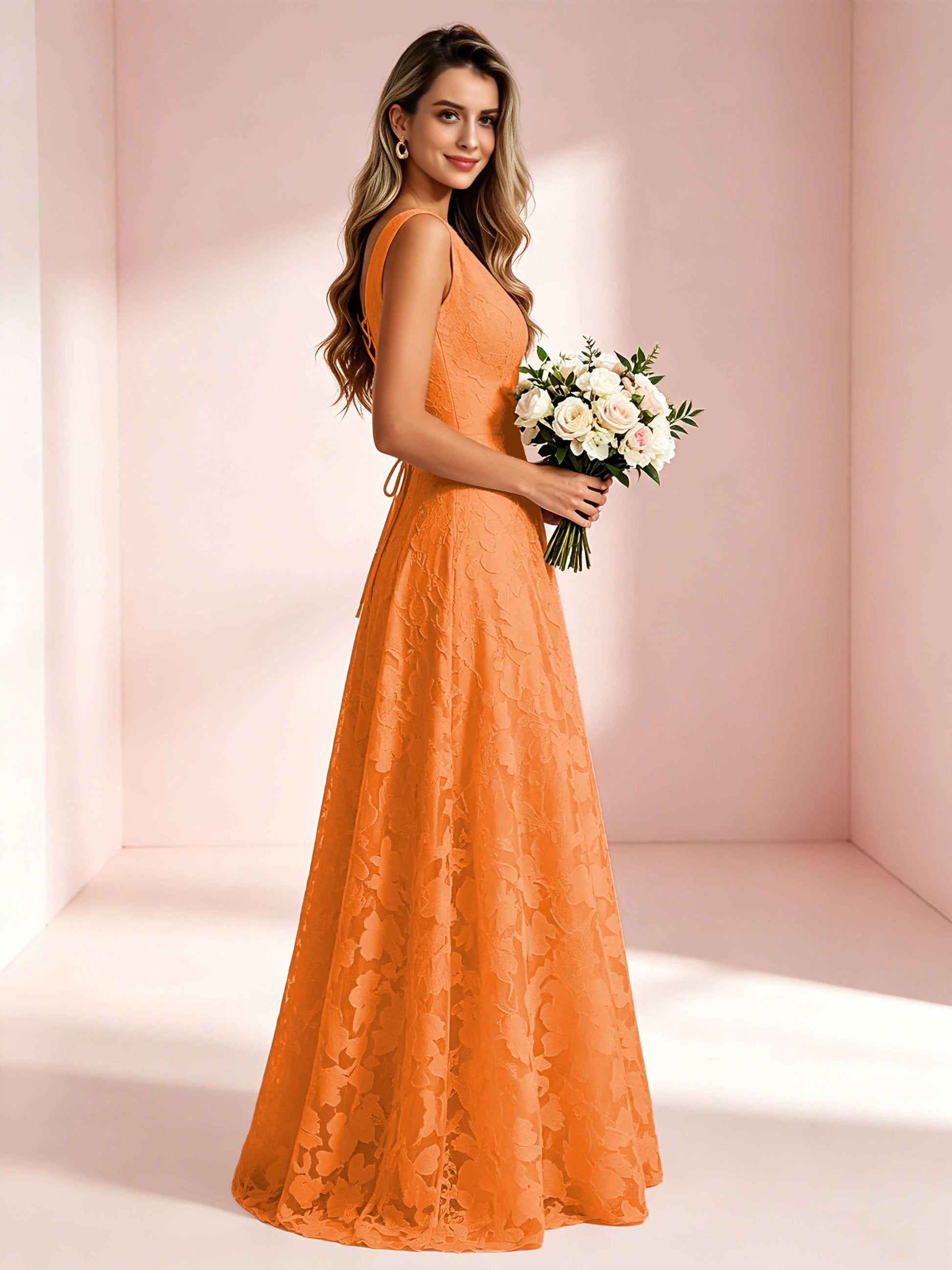 Boat Neck Jacquard Chiffon Floor Length Bridesmaid Dresses