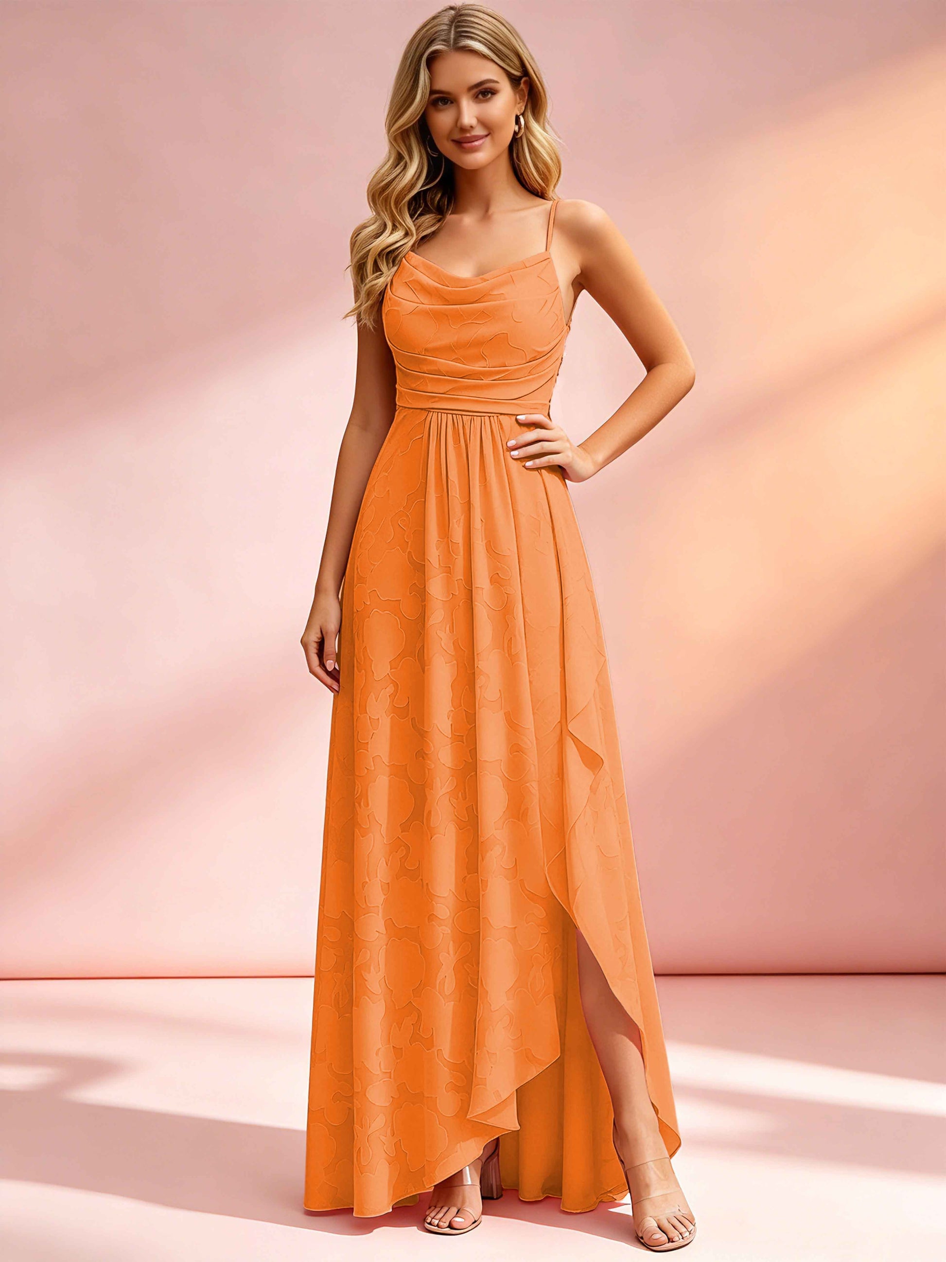 Jacquard Chiffon Cowl Neck Bridesmaid Dresses with Ruffle Slit