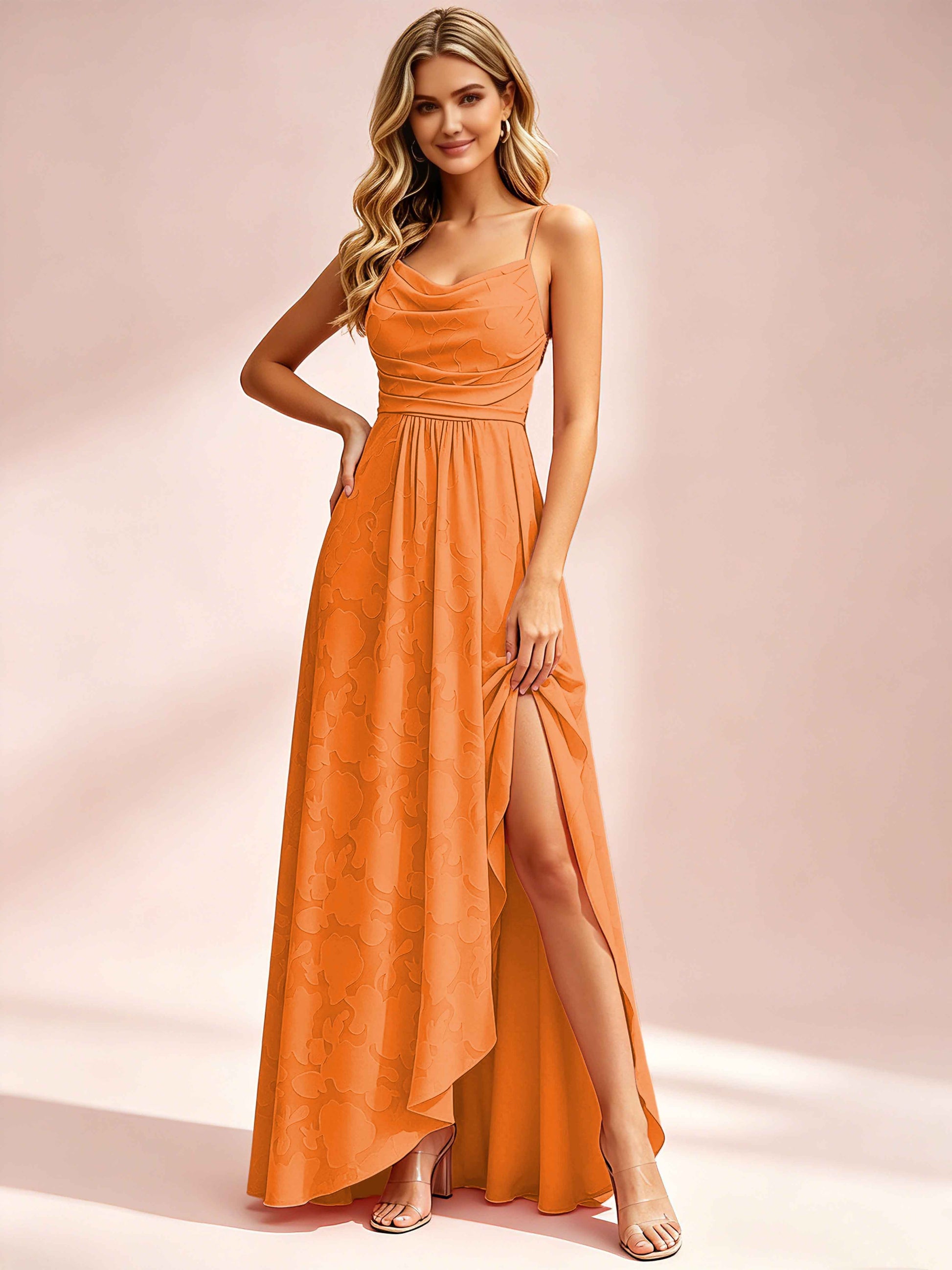 Jacquard Chiffon Cowl Neck Bridesmaid Dresses with Ruffle Slit