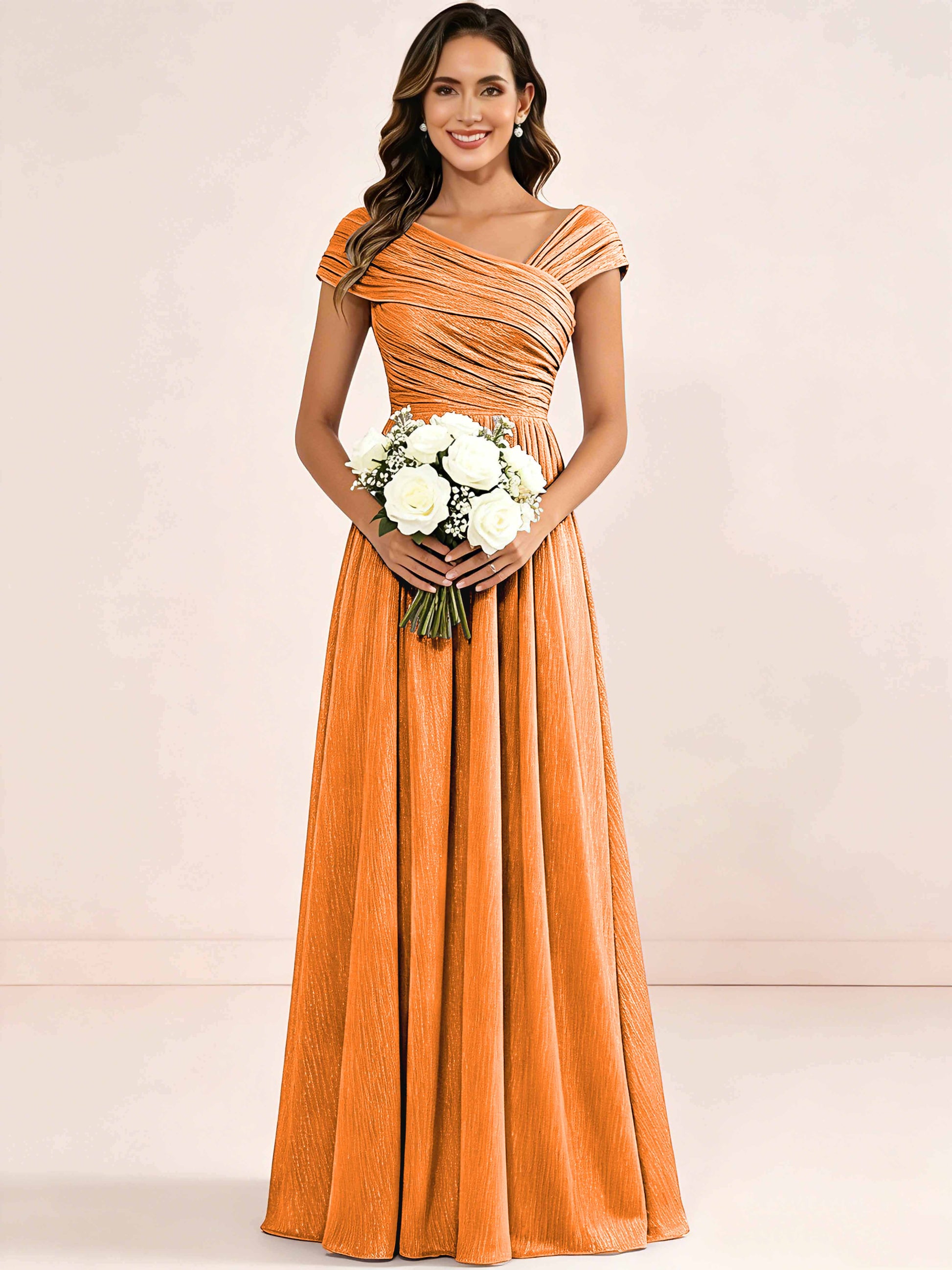 Shiny Striped Chiffon Ruched Cap Sleeve Mother of The Bride Dress