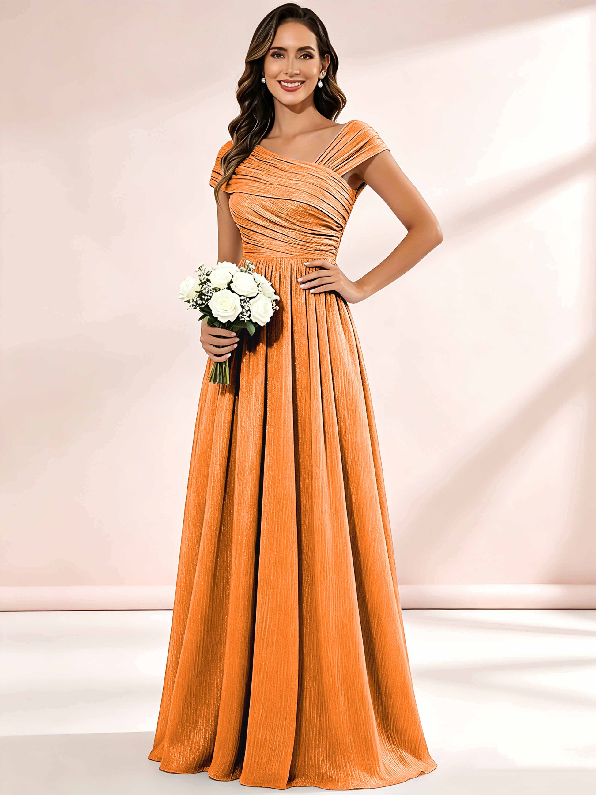Shiny Striped Chiffon Ruched Cap Sleeve Mother of The Bride Dress