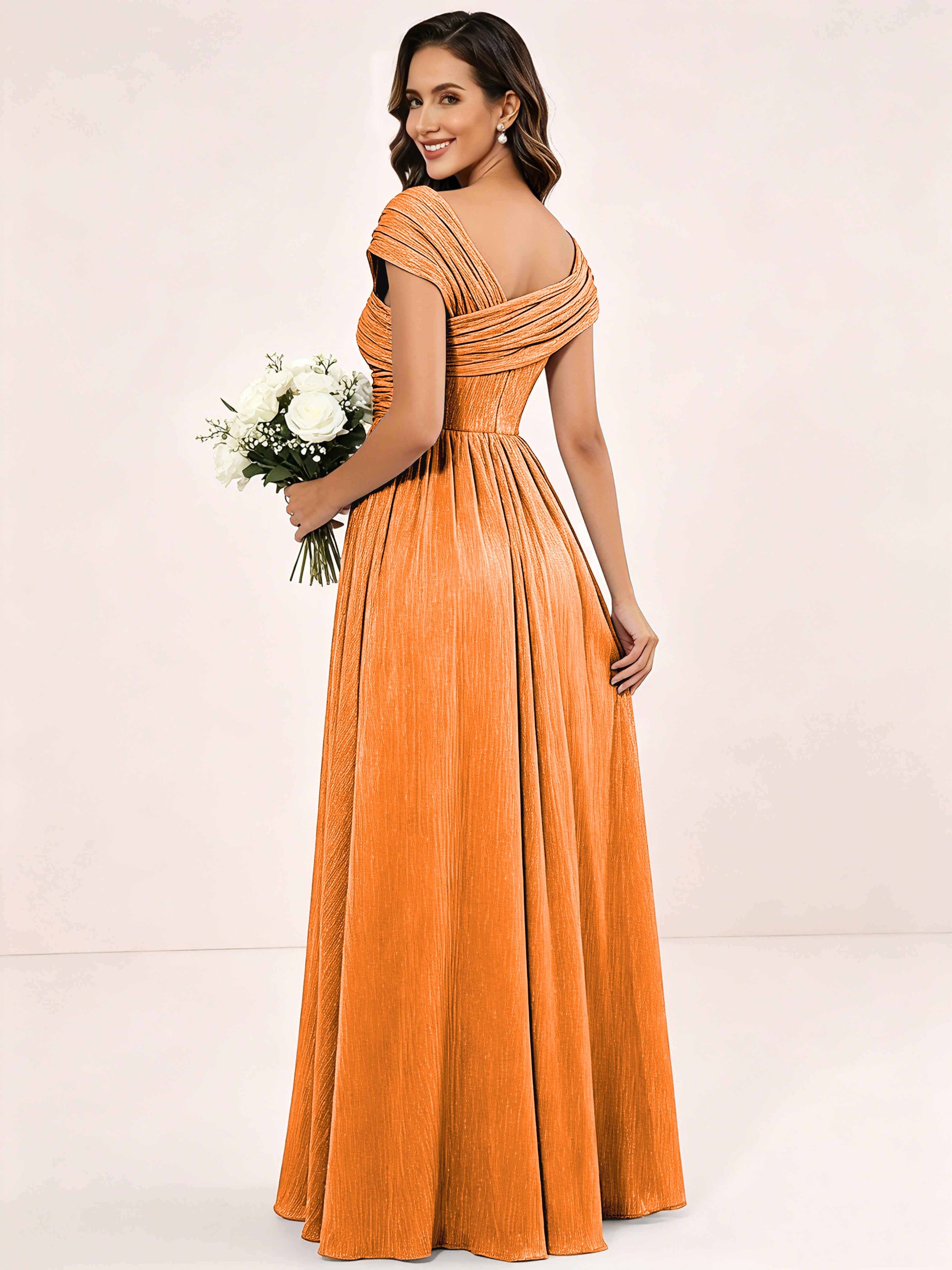 Shiny Striped Chiffon Ruched Cap Sleeve Mother of The Bride Dress