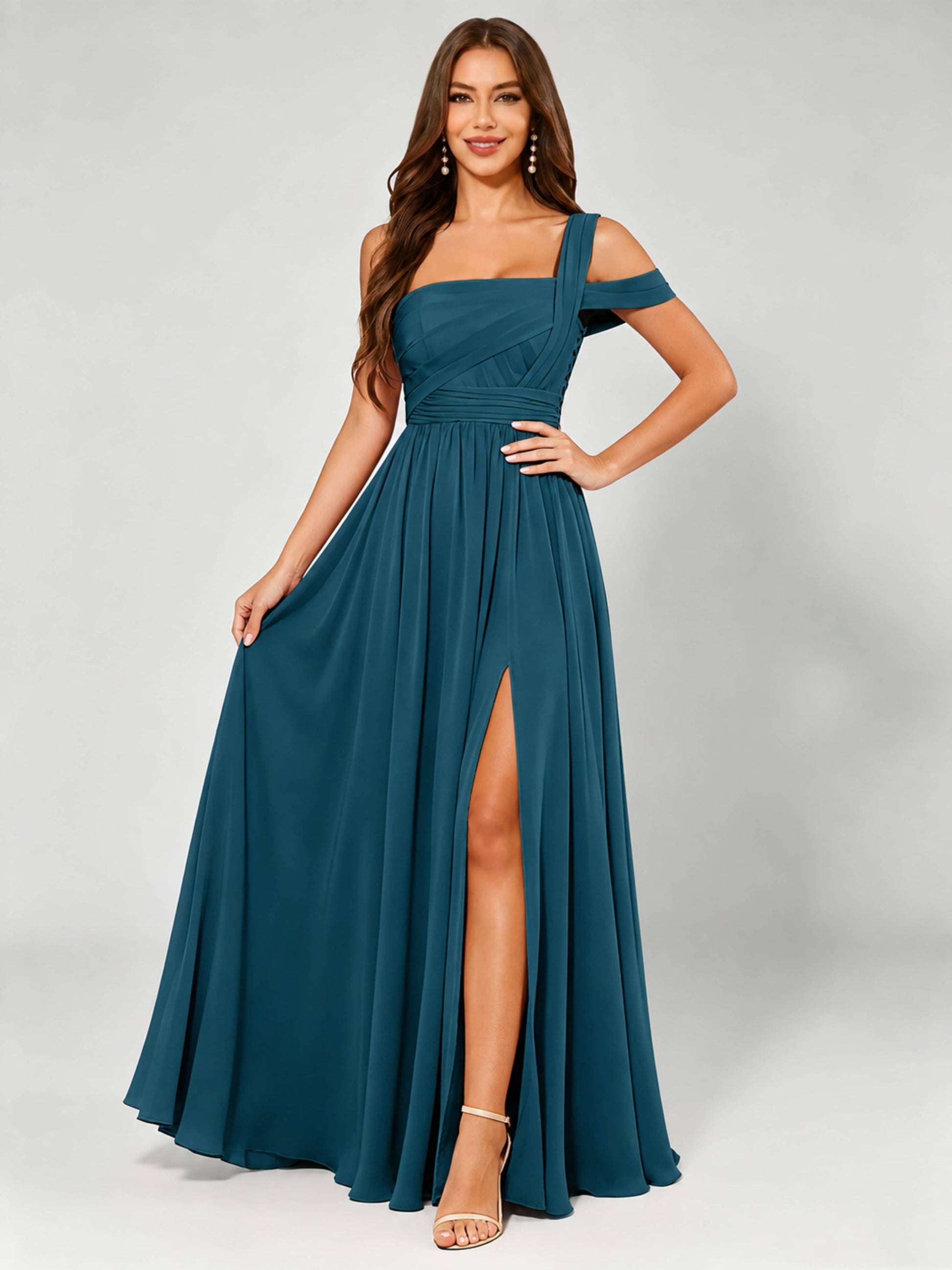 One Shoulder Chiffon Pleated Bridesmaid Dresses for Wedding