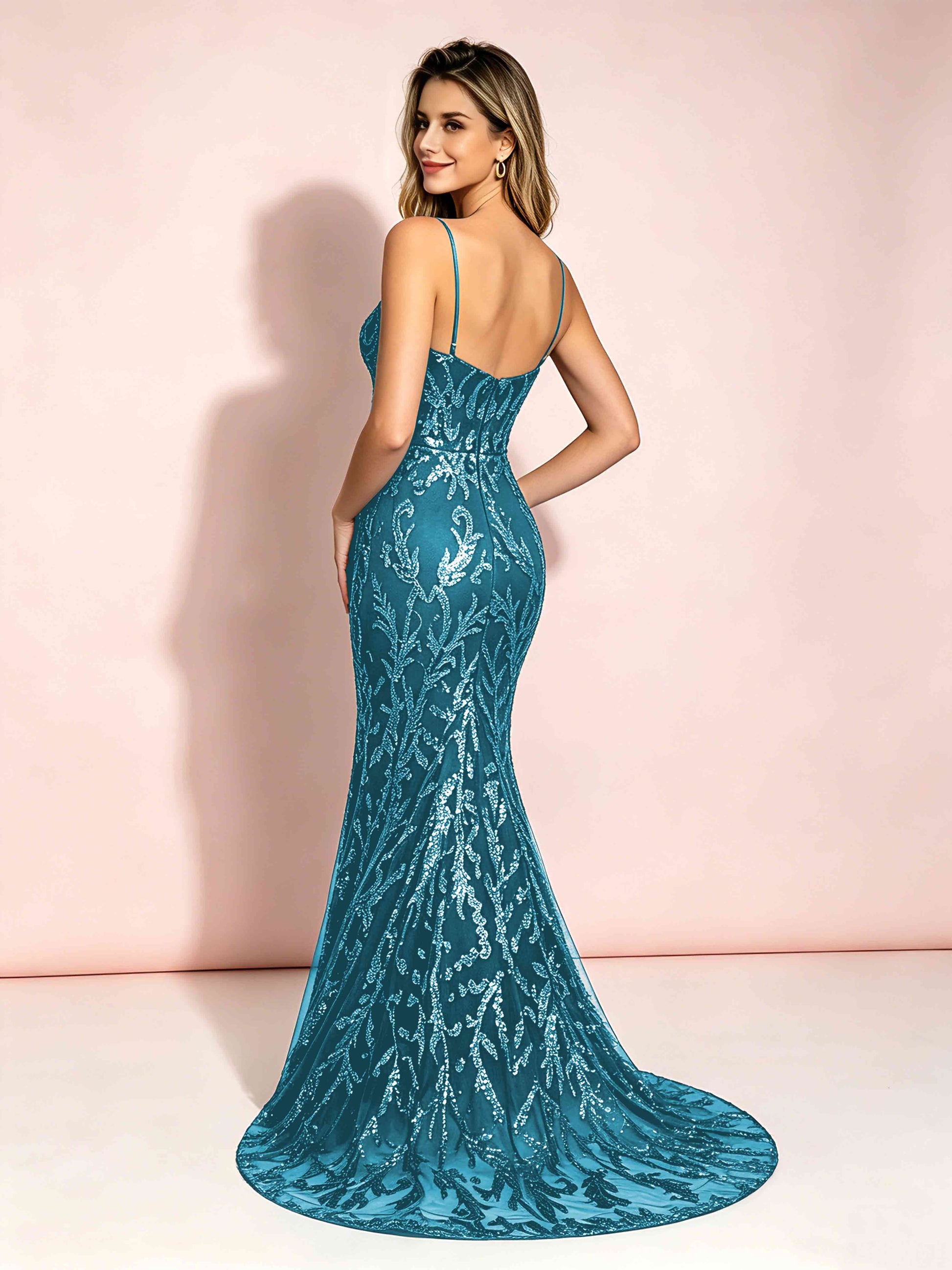 Mermaid V-Neck Sweep Train Sequin Sparkly Prom Dresses with Slit
