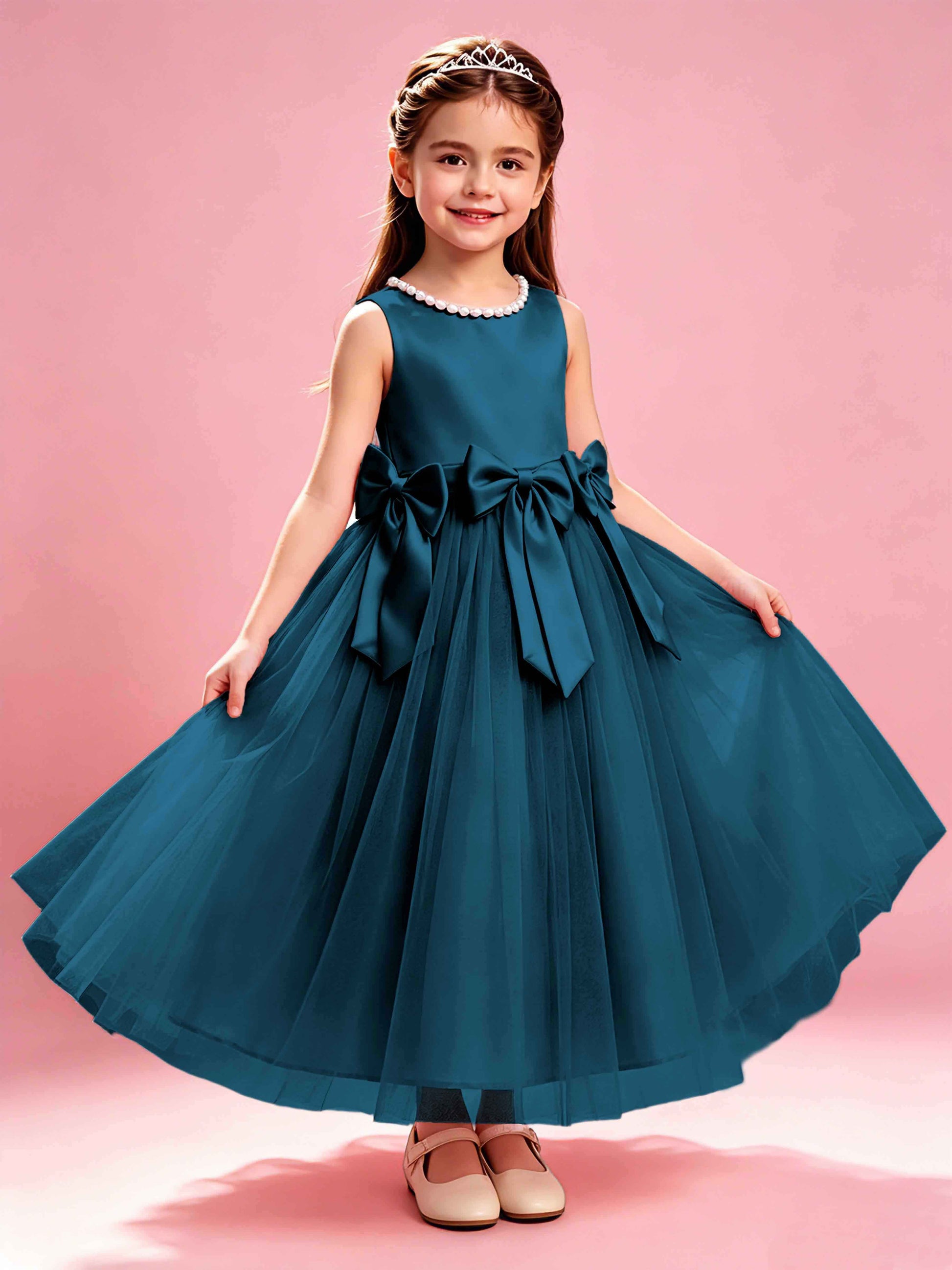 Satin Tulle Flower Girl Dress with Bow Princess Girls Pageant Gowns