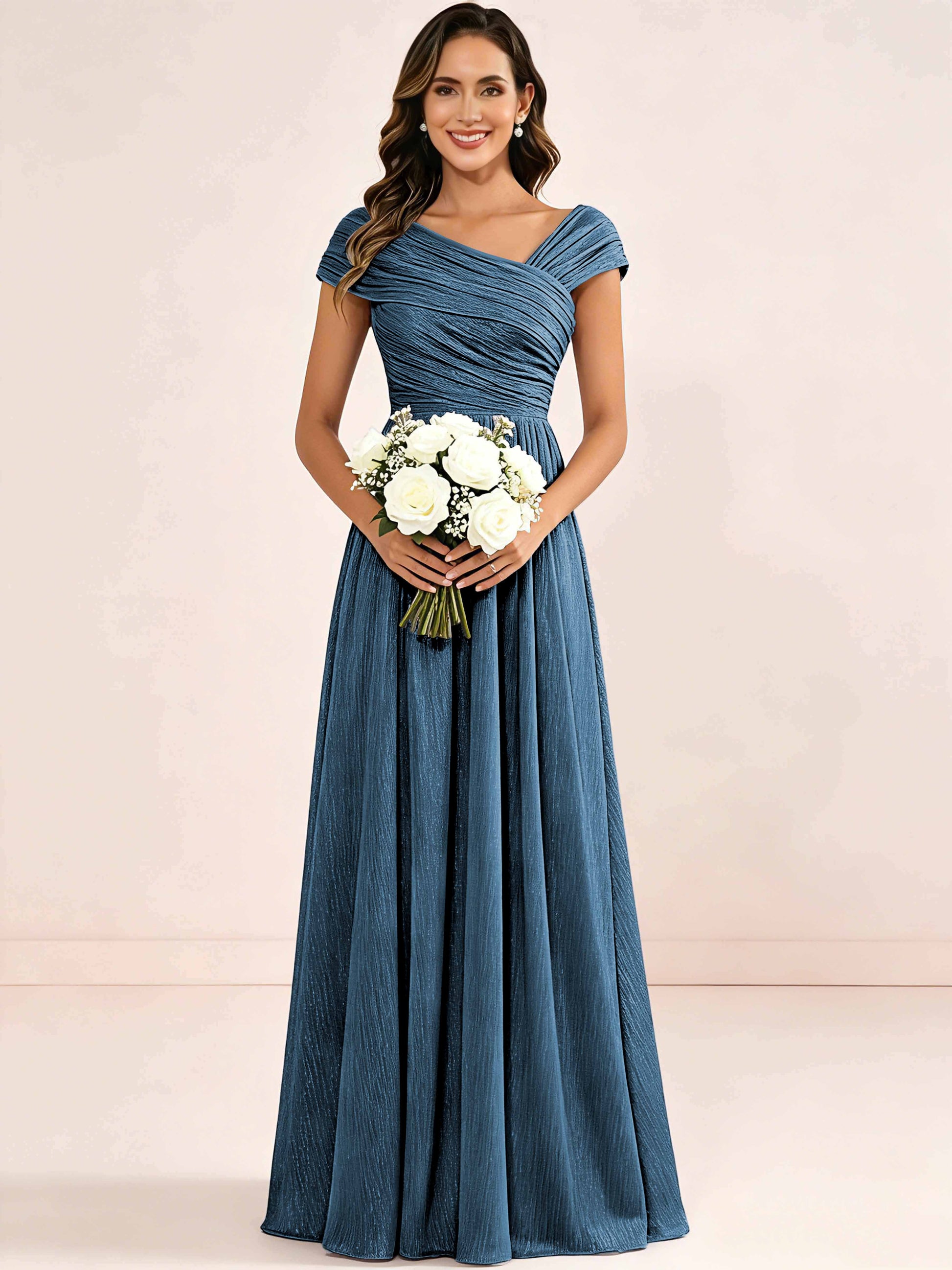 Shiny Striped Chiffon Ruched Cap Sleeve Mother of The Bride Dress