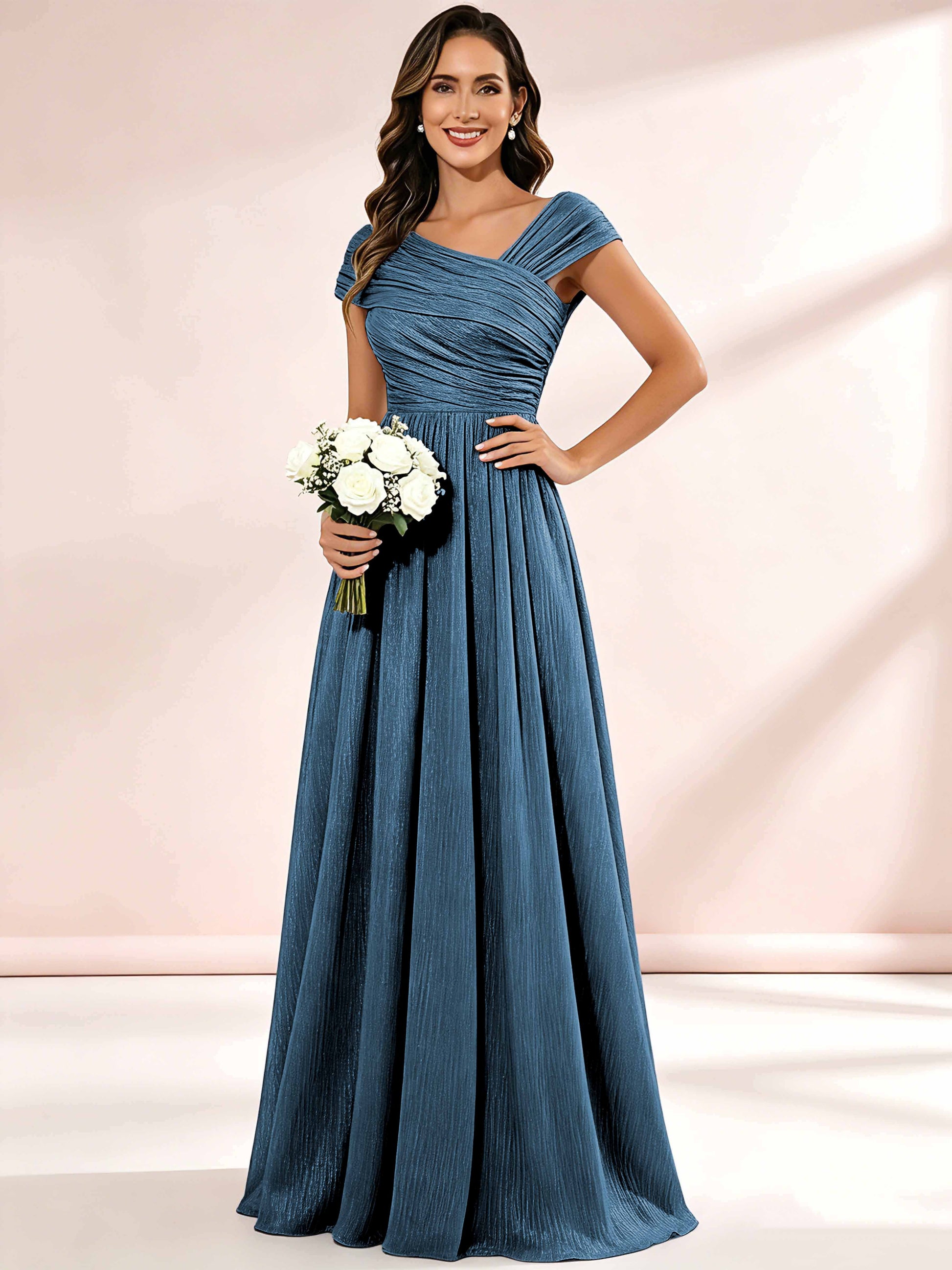 Shiny Striped Chiffon Ruched Cap Sleeve Mother of The Bride Dress