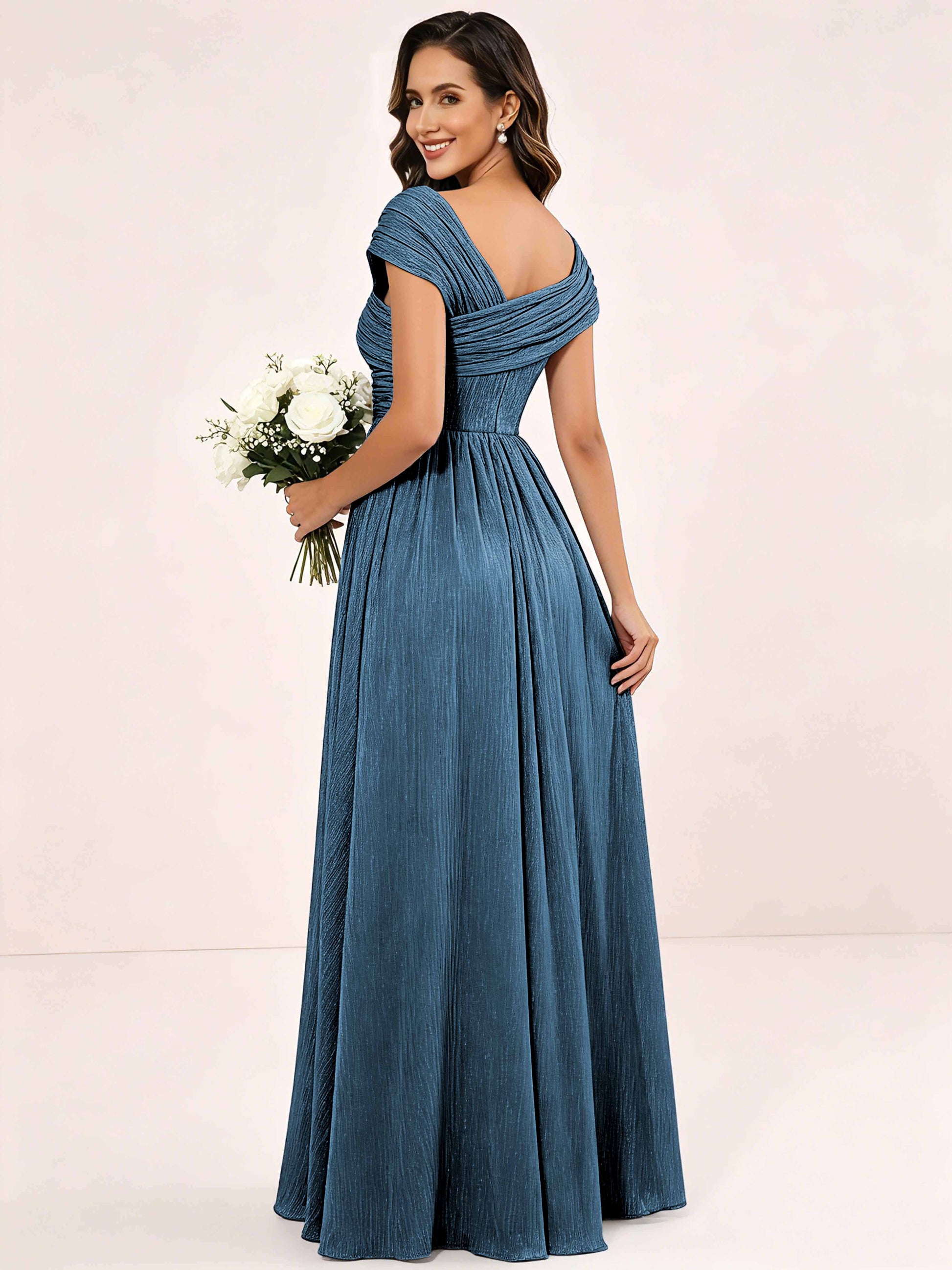 Shiny Striped Chiffon Ruched Cap Sleeve Mother of The Bride Dress