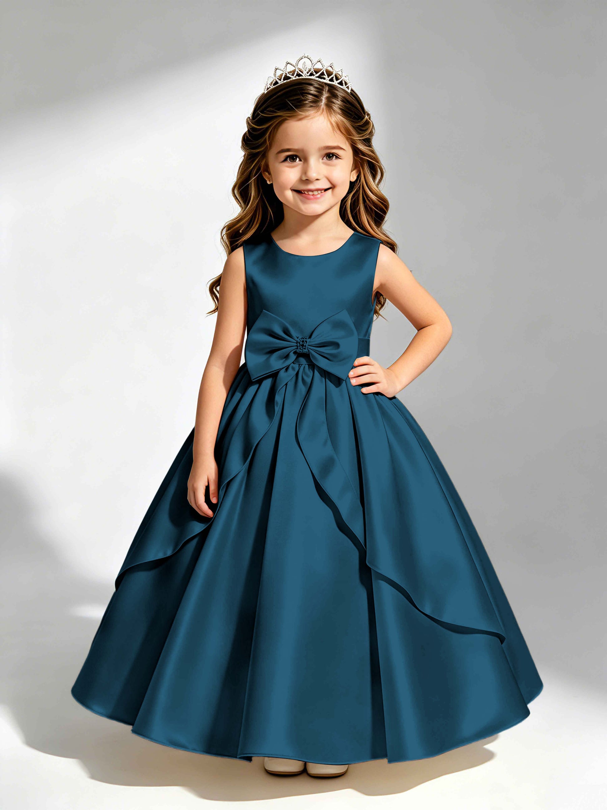 Satin Flower Girl Dress with Bow Princess Girls Pageant Gowns
