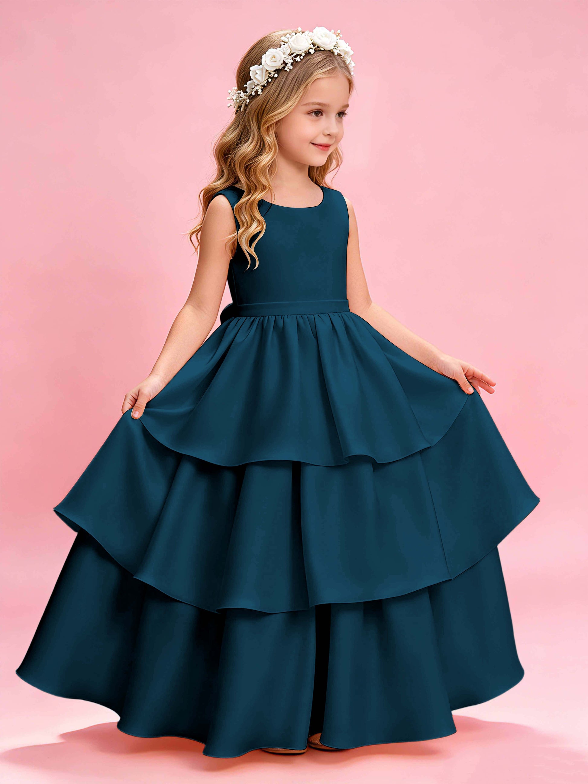 Tiered Flower Girl Dress with Bow Princess Girls Pageant Gowns