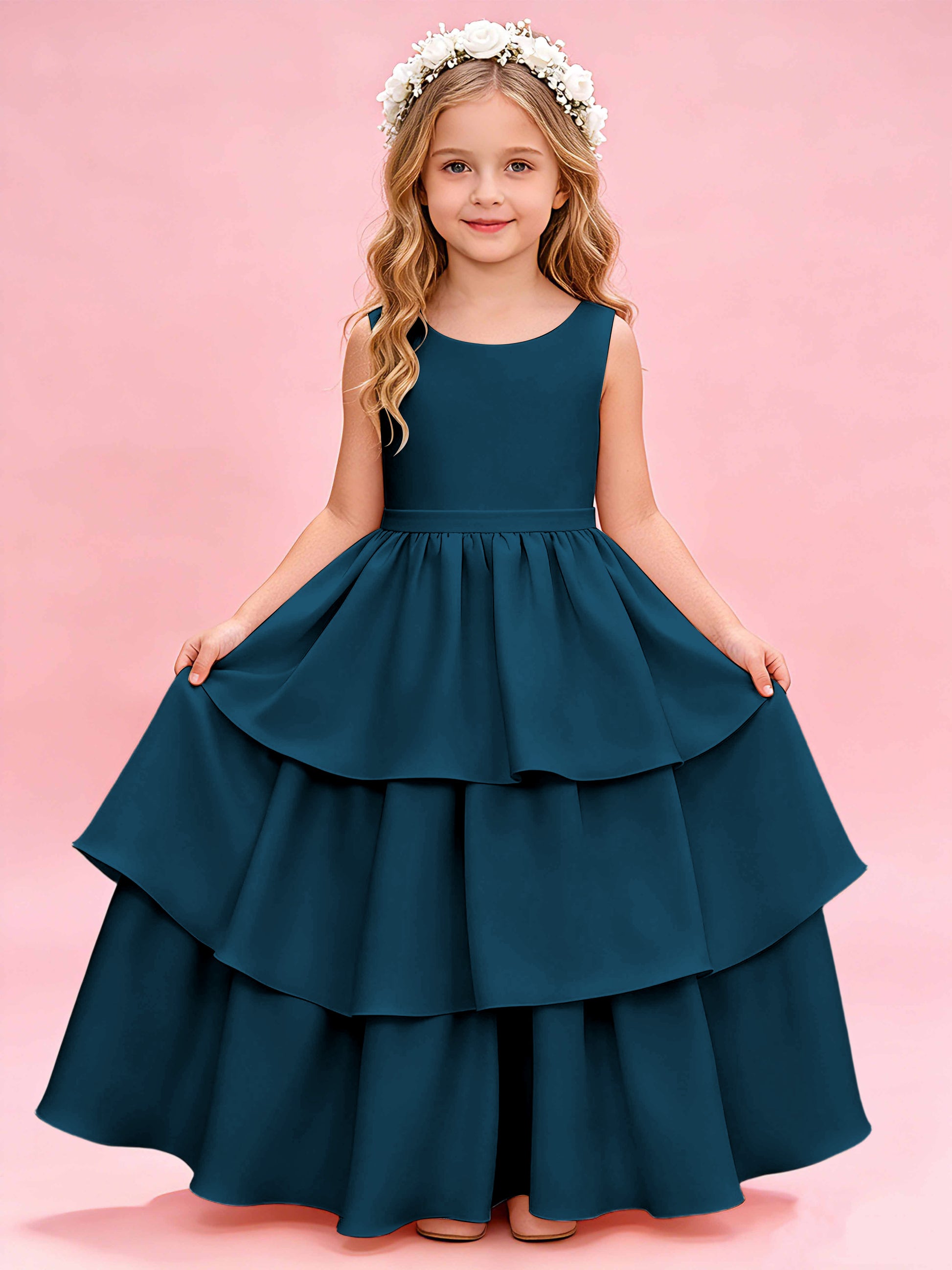 Tiered Flower Girl Dress with Bow Princess Girls Pageant Gowns