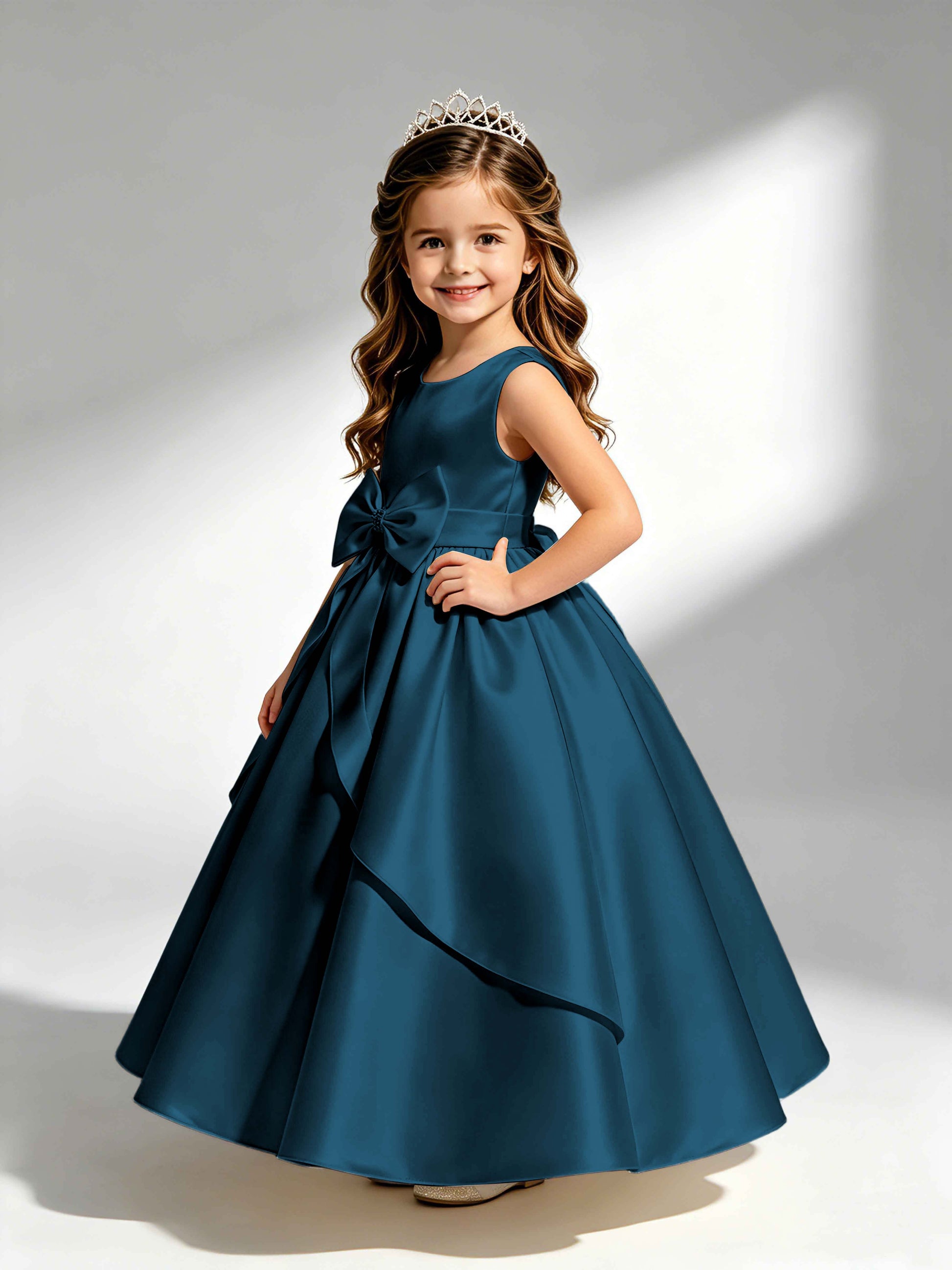 Satin Flower Girl Dress with Bow Princess Girls Pageant Gowns