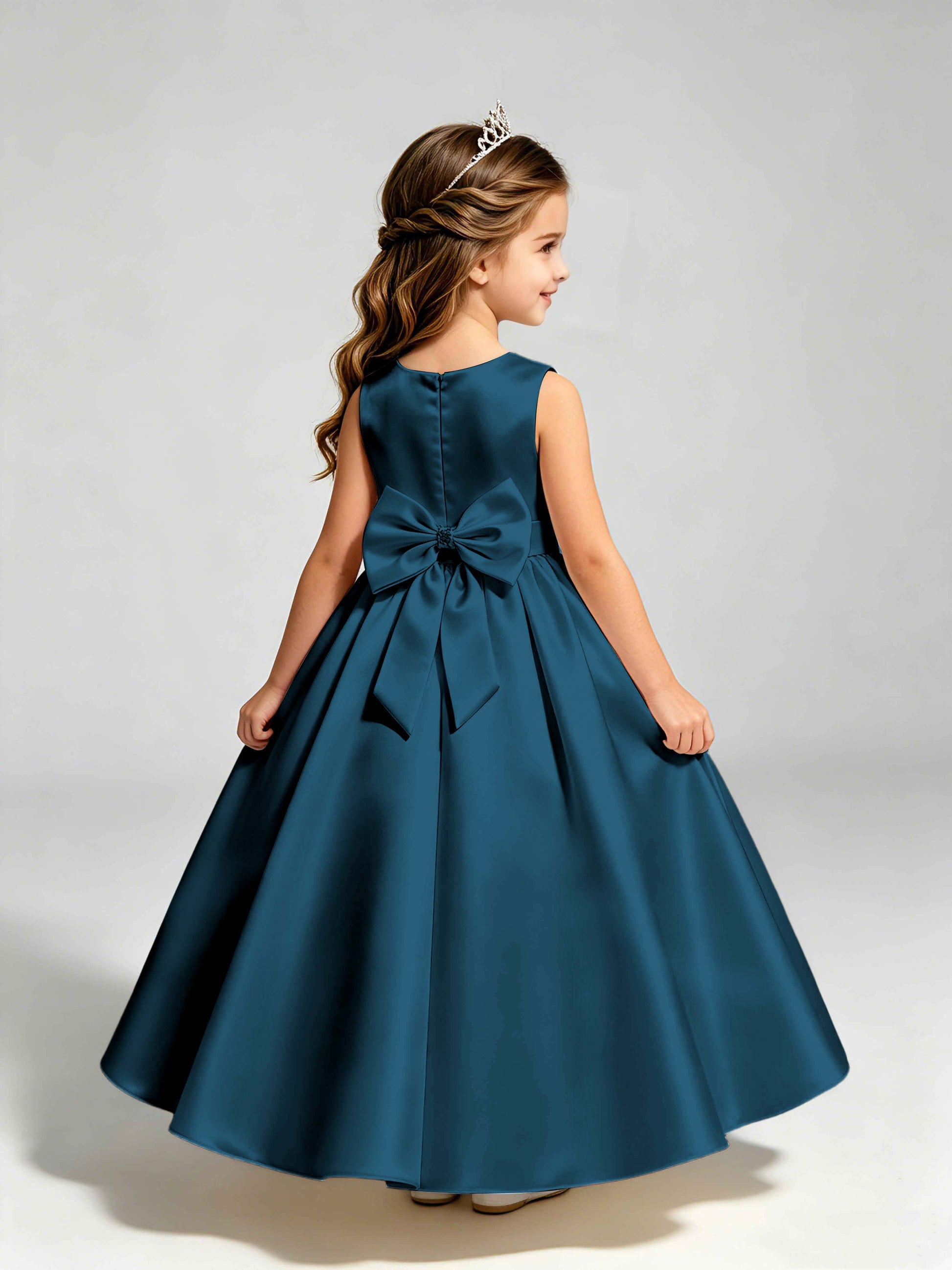 Satin Flower Girl Dress with Bow Princess Girls Pageant Gowns