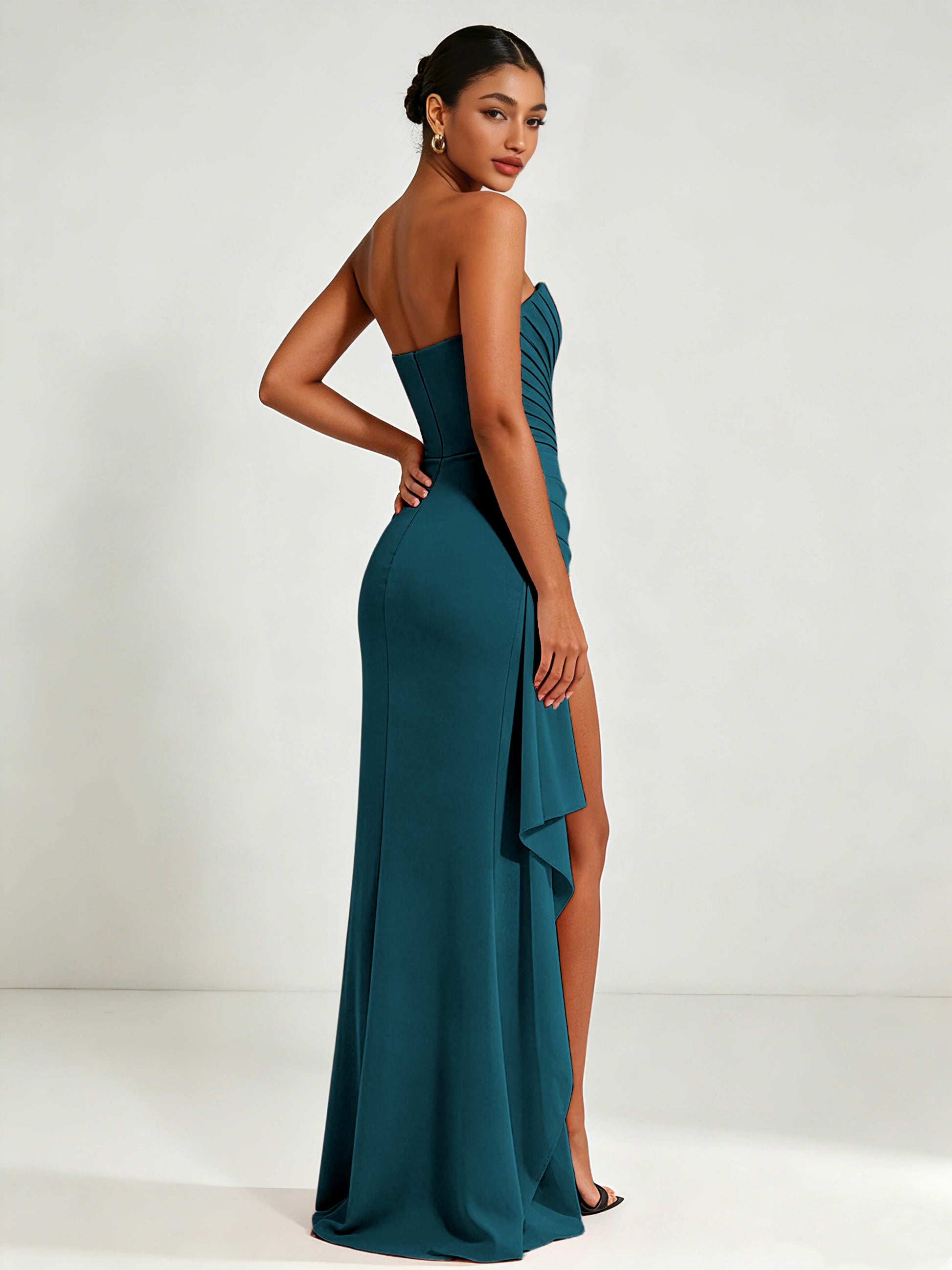 Strapless Ruched Bust Prom Dresses with Ruffle Slit