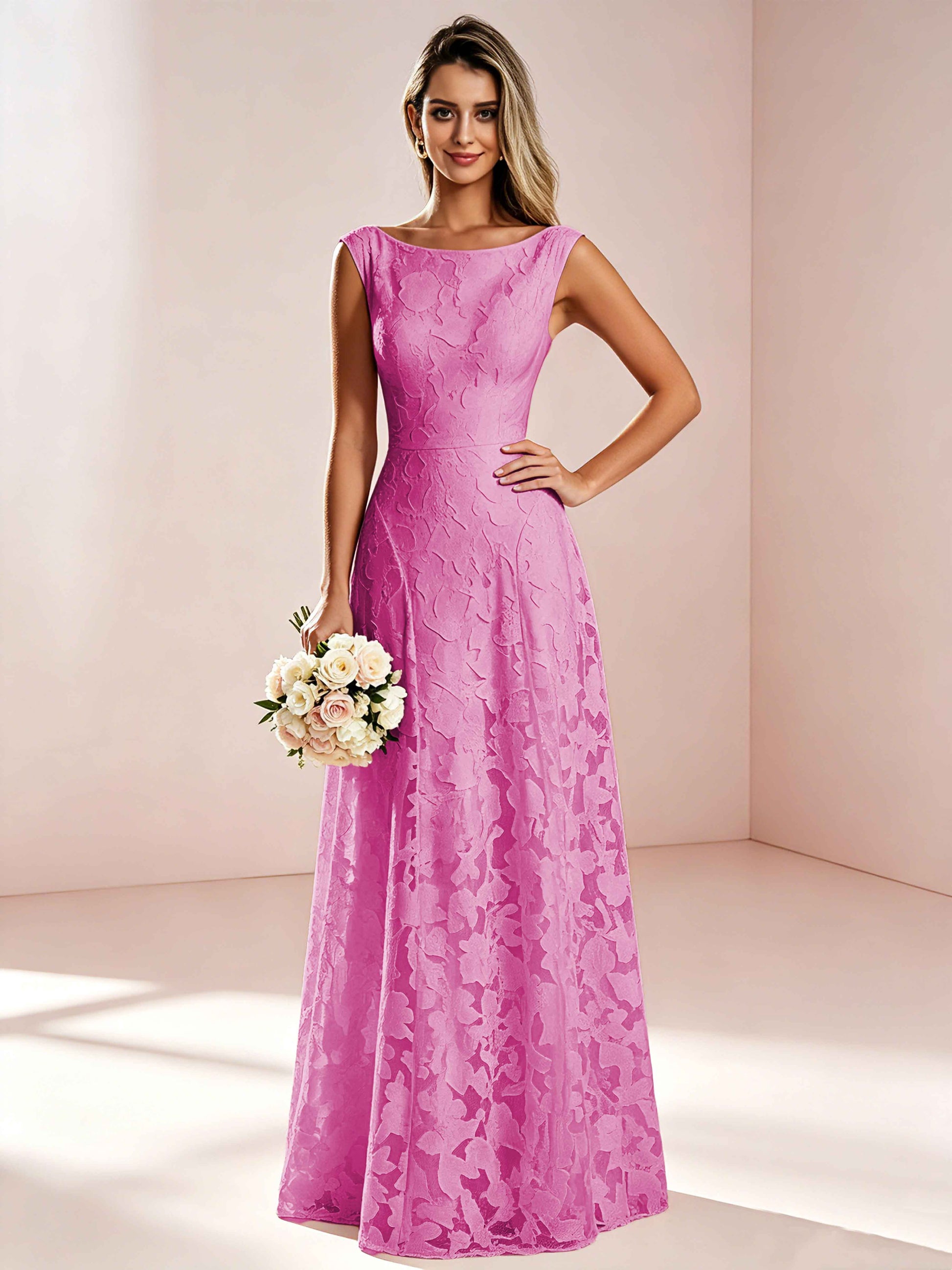 Boat Neck Jacquard Chiffon Floor Length Bridesmaid Dresses