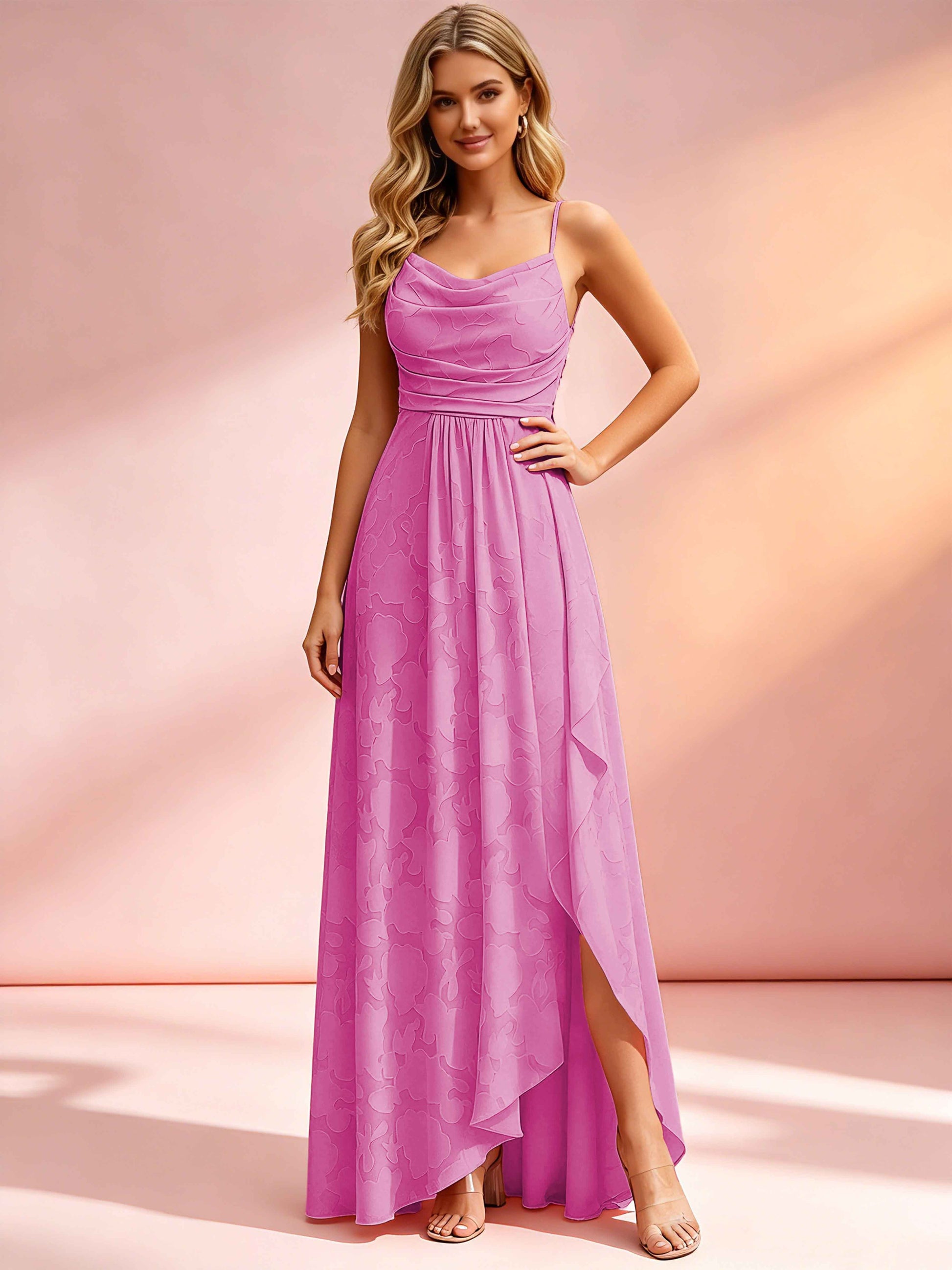 Jacquard Chiffon Cowl Neck Bridesmaid Dresses with Ruffle Slit