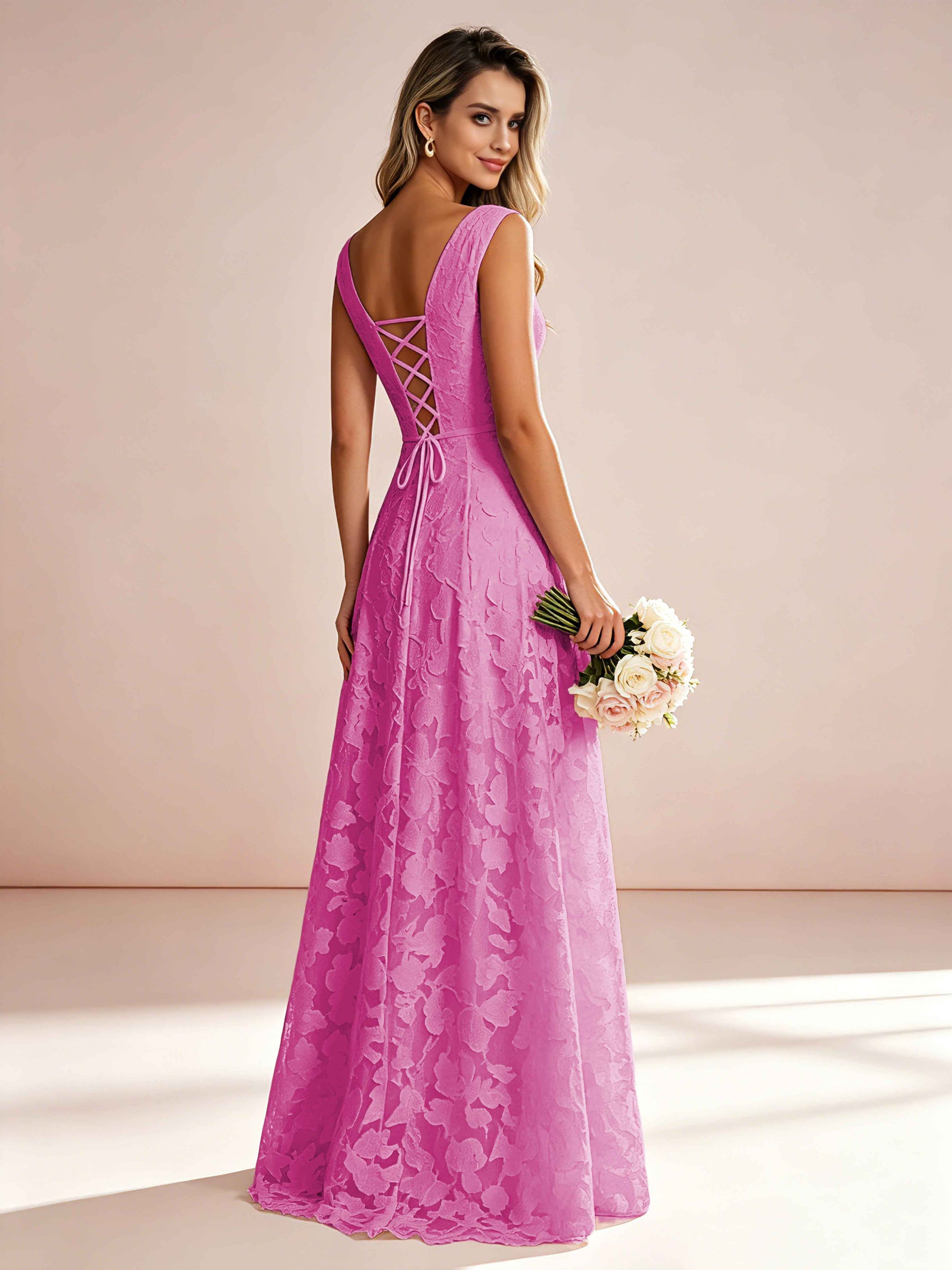 Boat Neck Jacquard Chiffon Floor Length Bridesmaid Dresses
