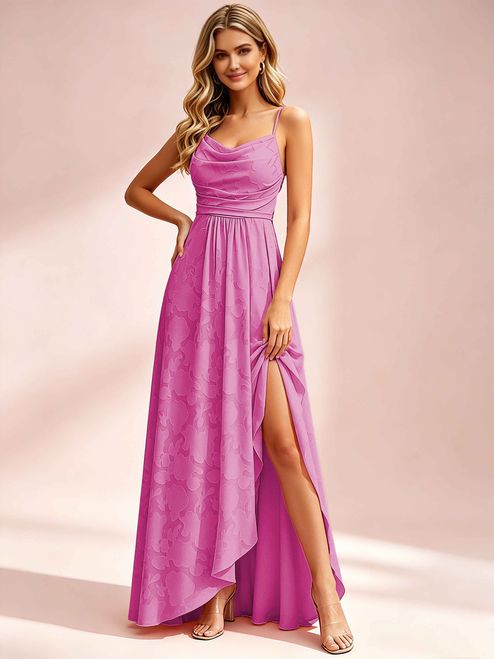 Jacquard Chiffon Cowl Neck Bridesmaid Dresses with Ruffle Slit