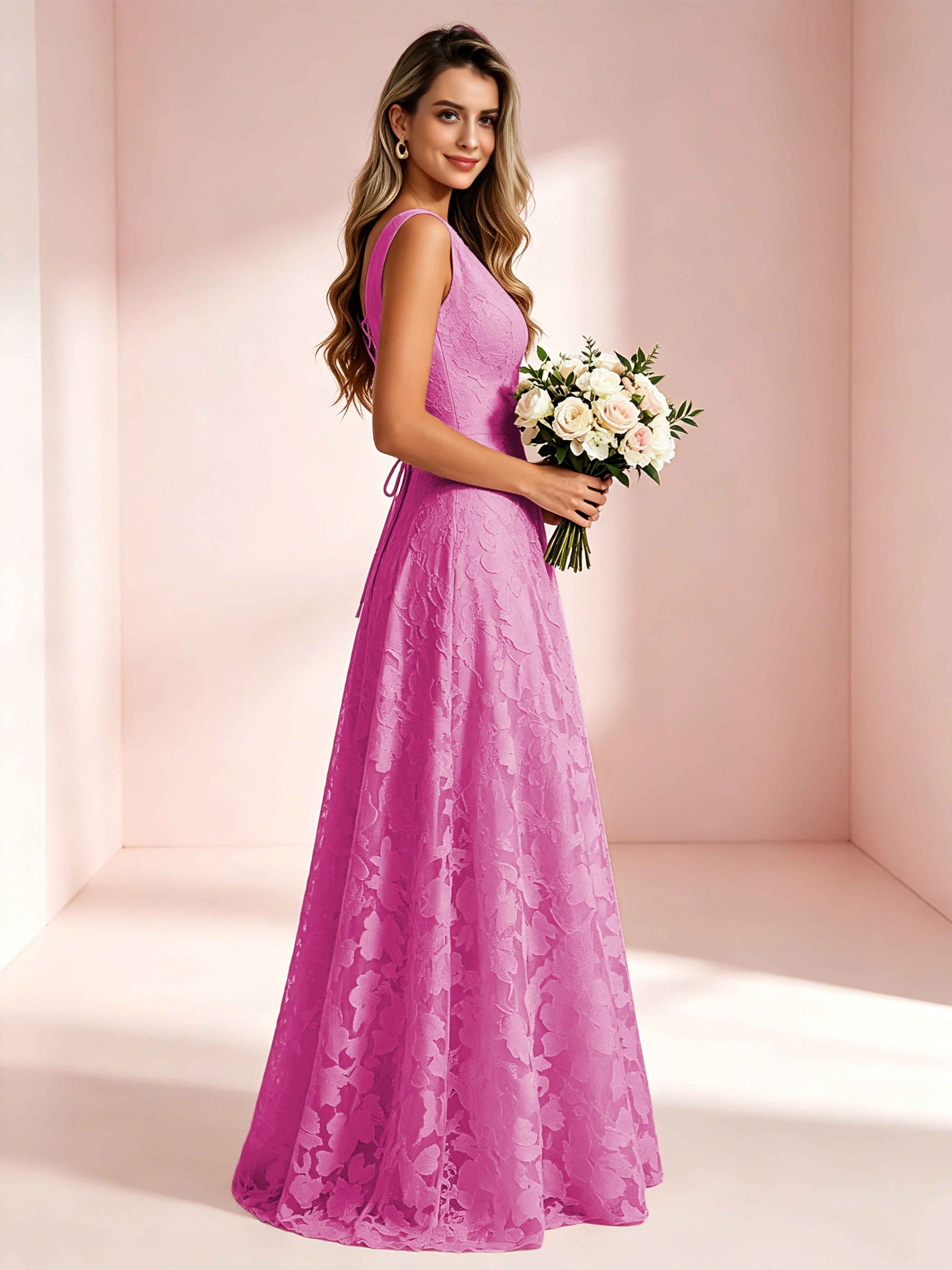 Boat Neck Jacquard Chiffon Floor Length Bridesmaid Dresses
