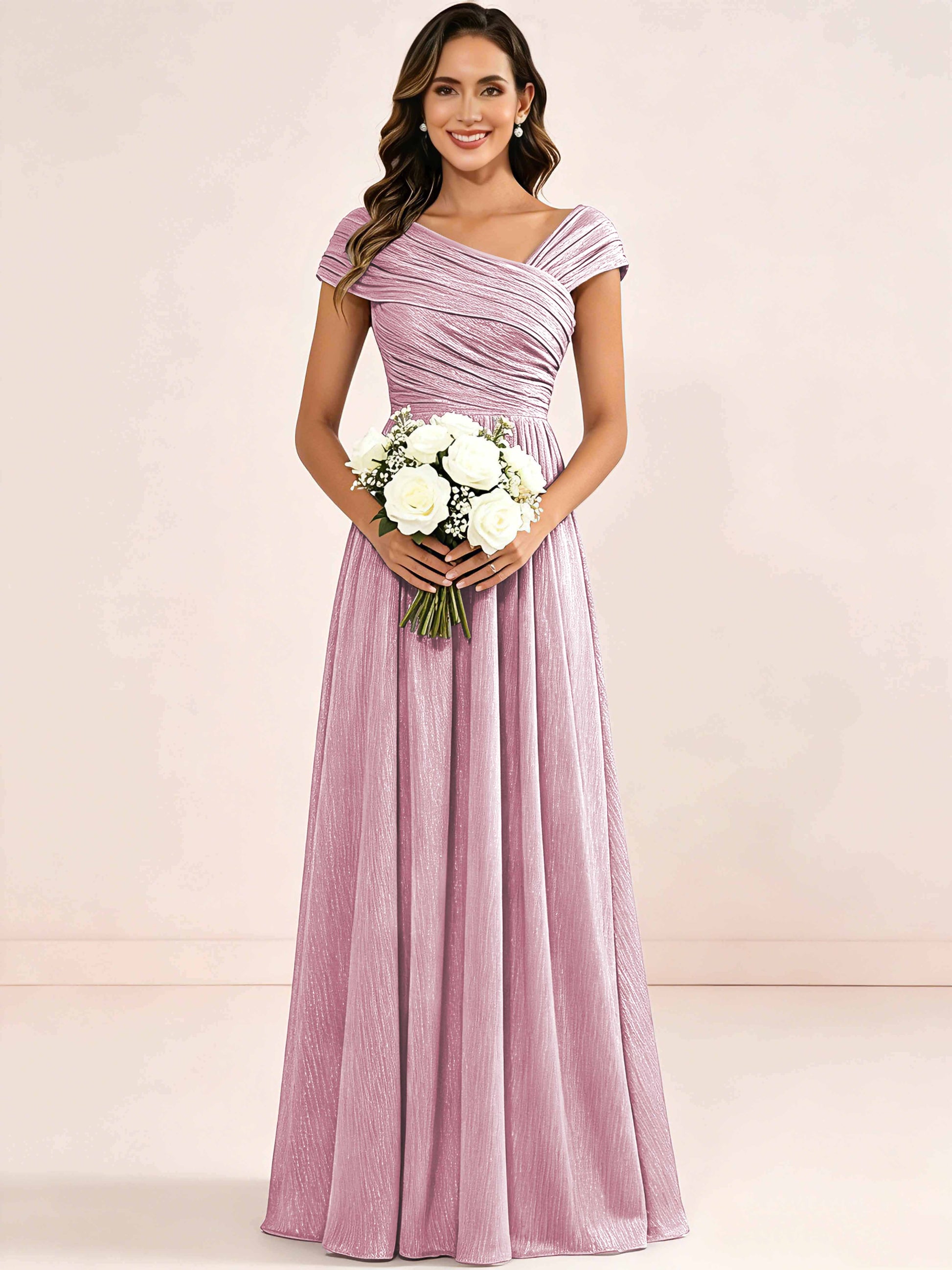 Shiny Striped Chiffon Ruched Cap Sleeve Mother of The Bride Dress