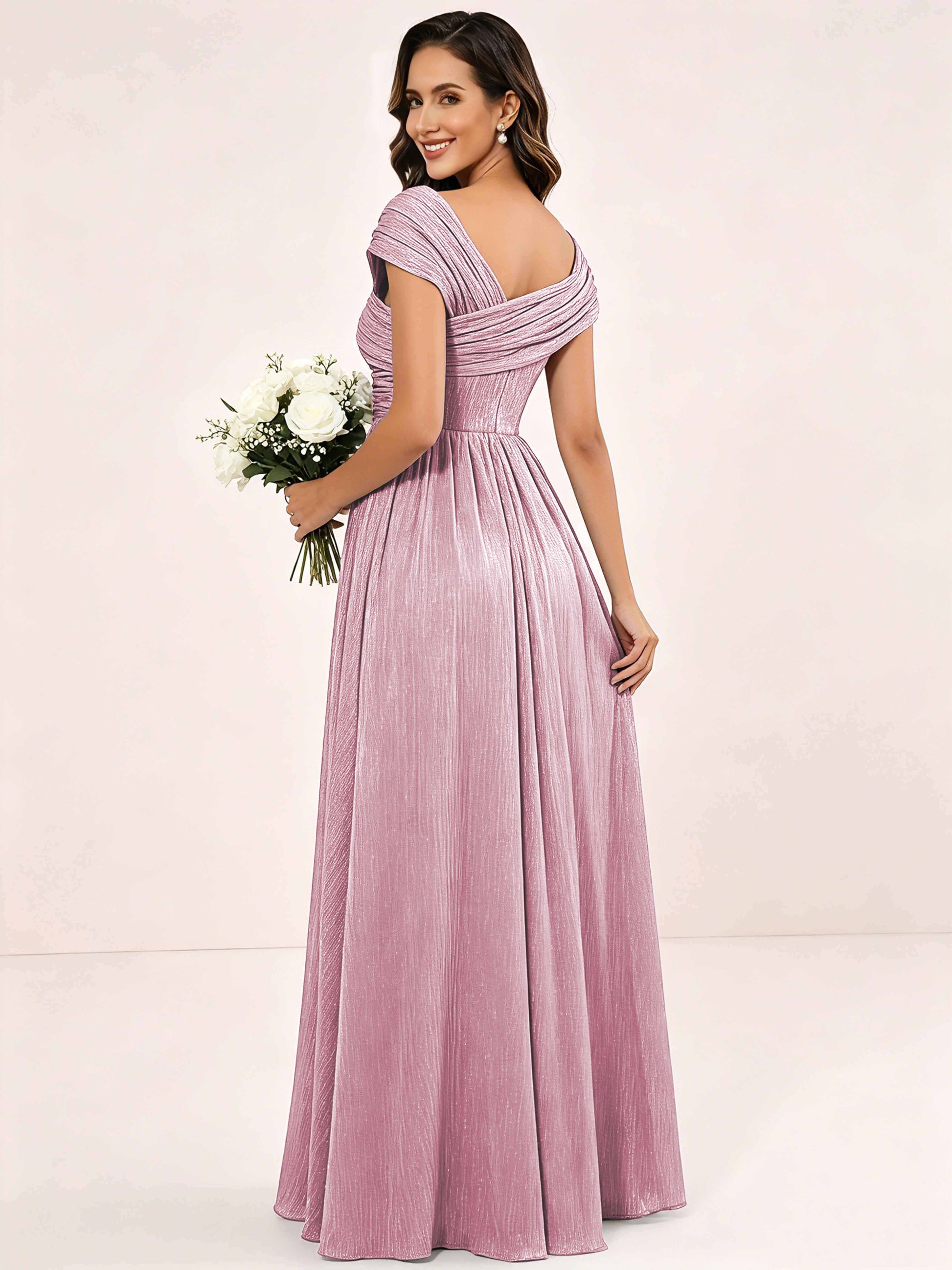 Shiny Striped Chiffon Ruched Cap Sleeve Mother of The Bride Dress