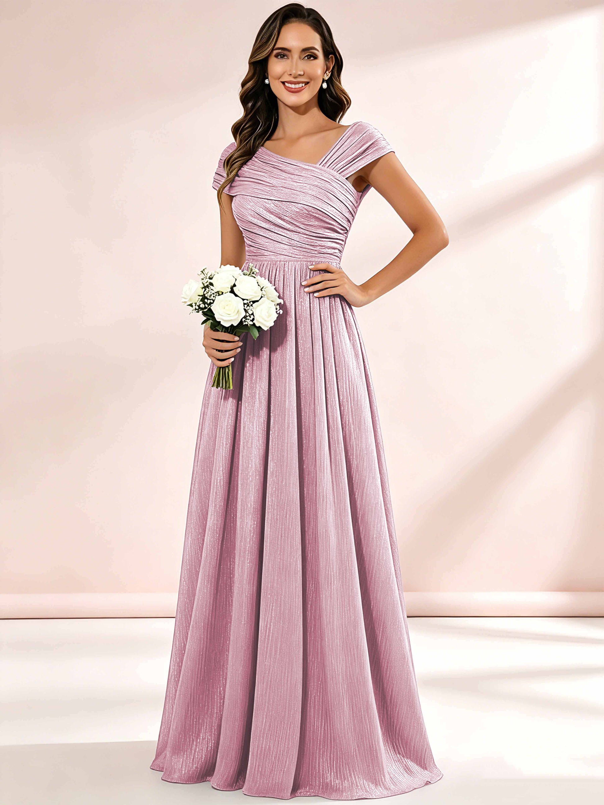 Shiny Striped Chiffon Ruched Cap Sleeve Mother of The Bride Dress