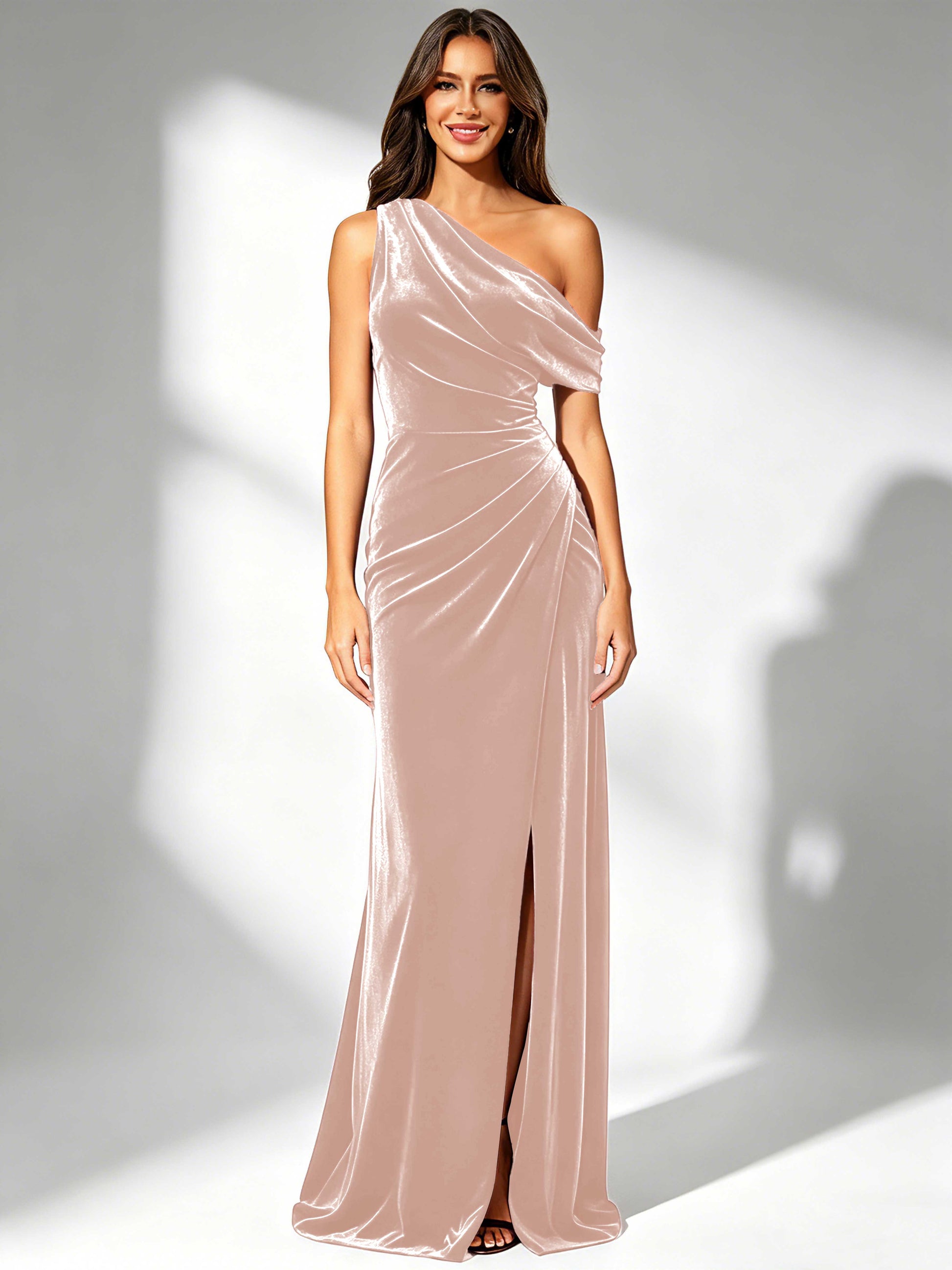 One Shoulder Velvet Bridesmaid Dresses for Women