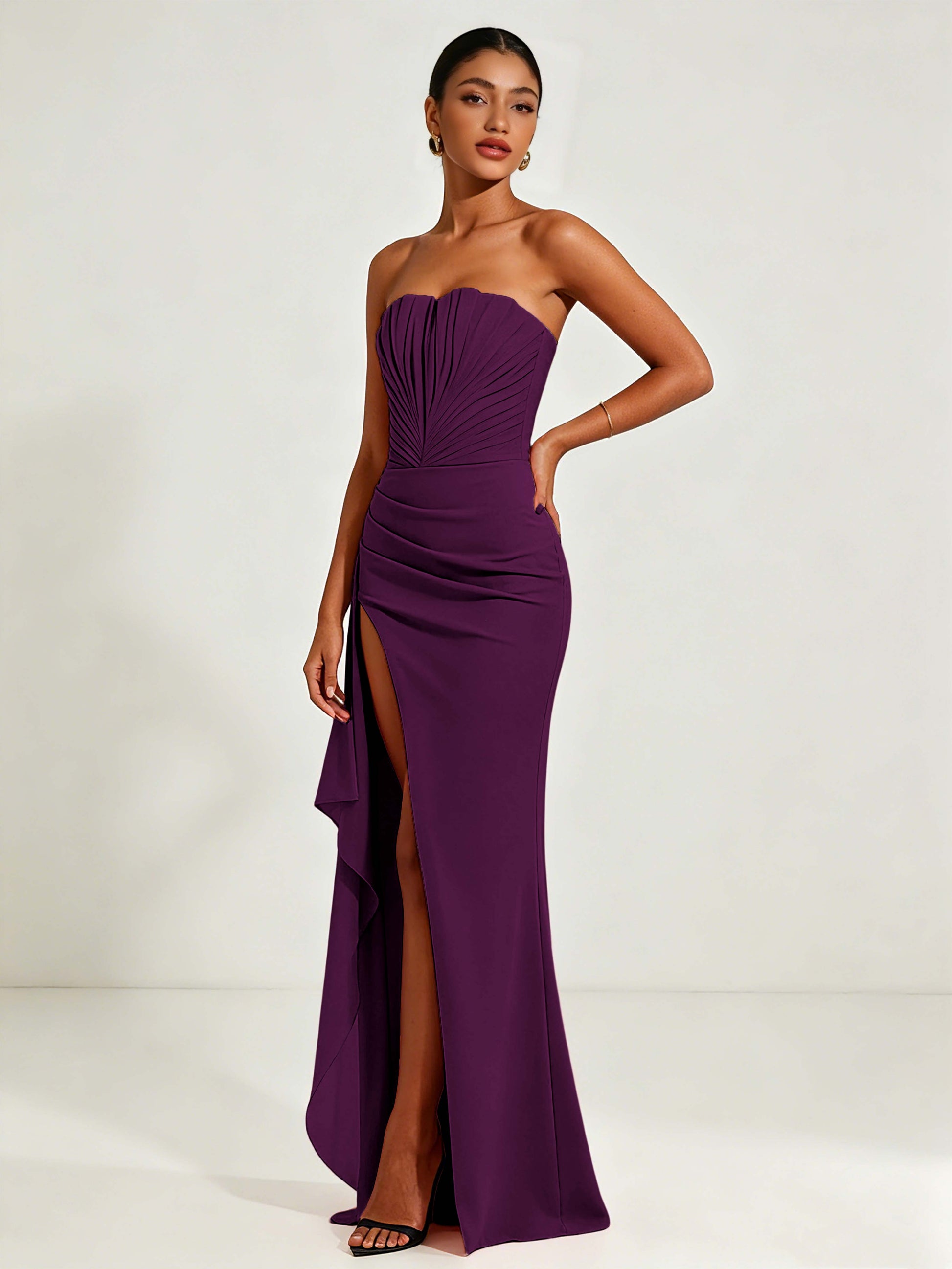 Strapless Ruched Bust Prom Dresses with Ruffle Slit