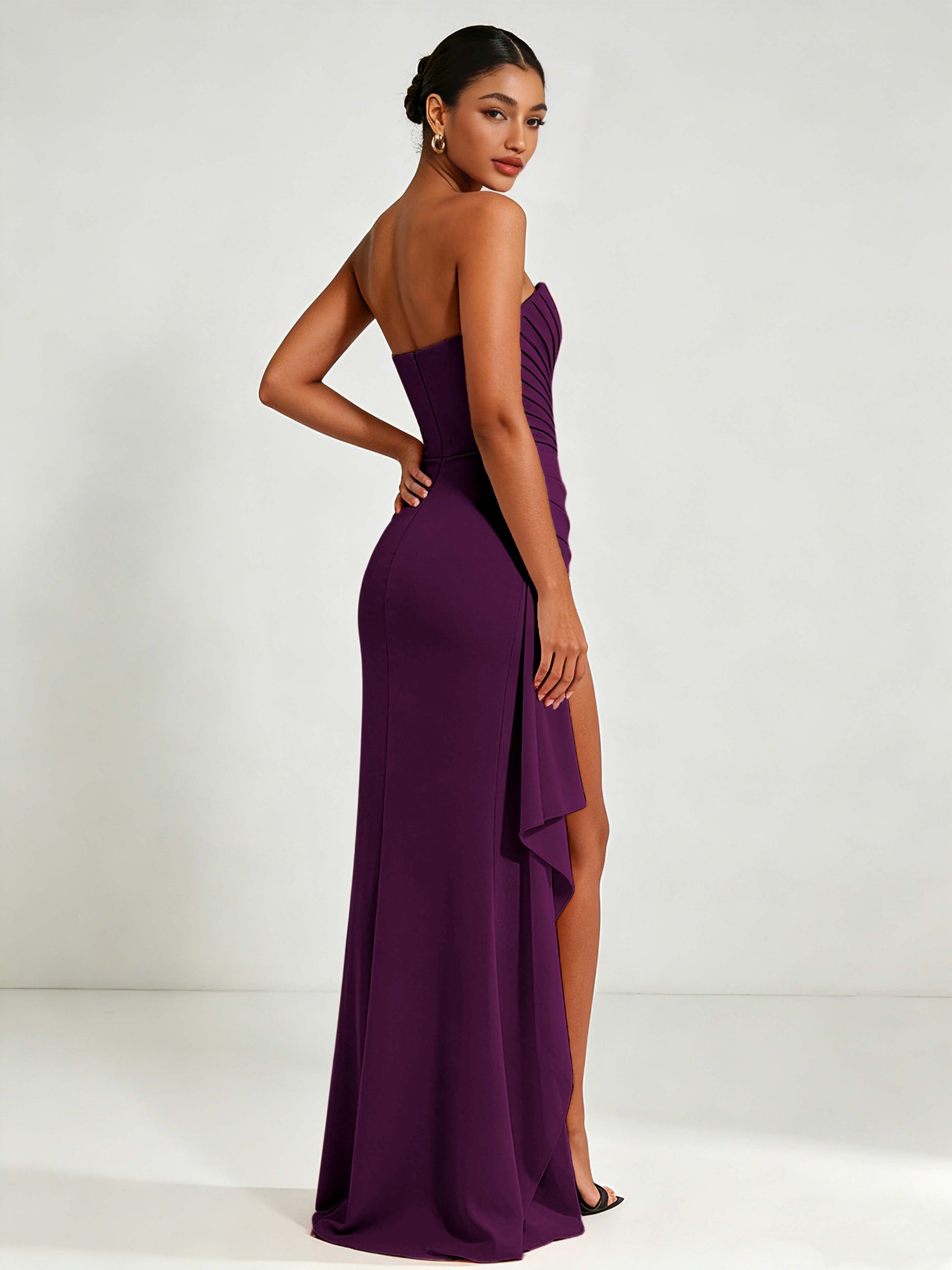 Strapless Ruched Bust Prom Dresses with Ruffle Slit