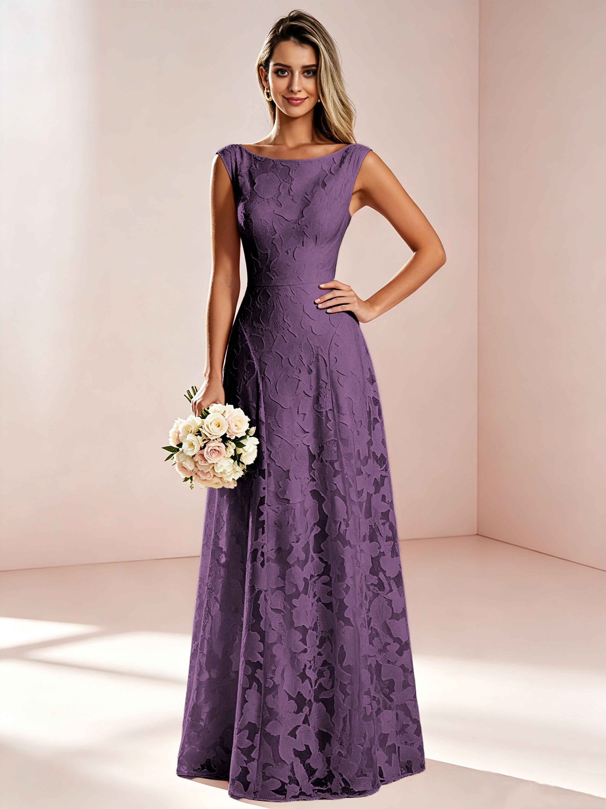 Boat Neck Jacquard Chiffon Floor Length Bridesmaid Dresses