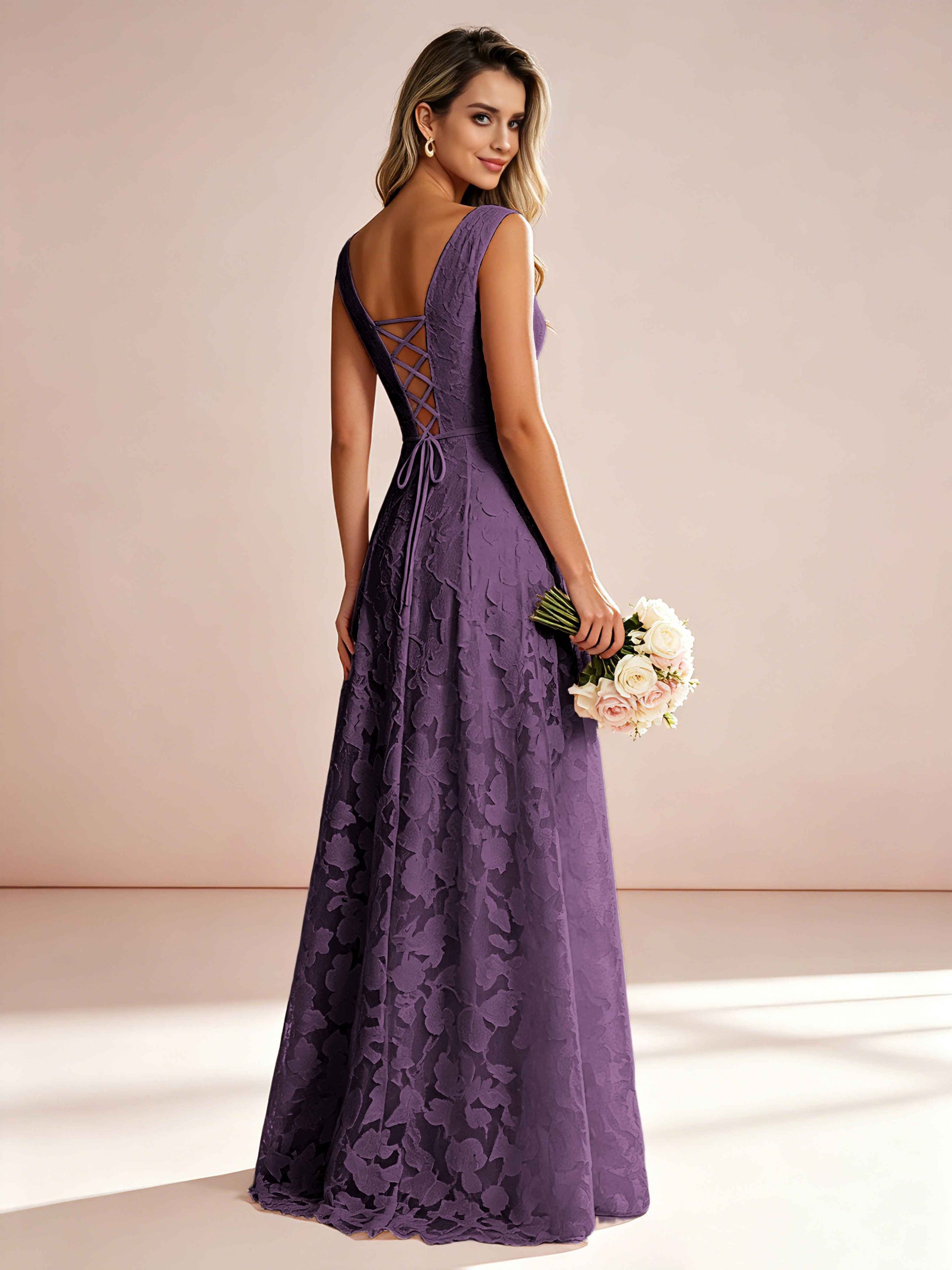 Boat Neck Jacquard Chiffon Floor Length Bridesmaid Dresses