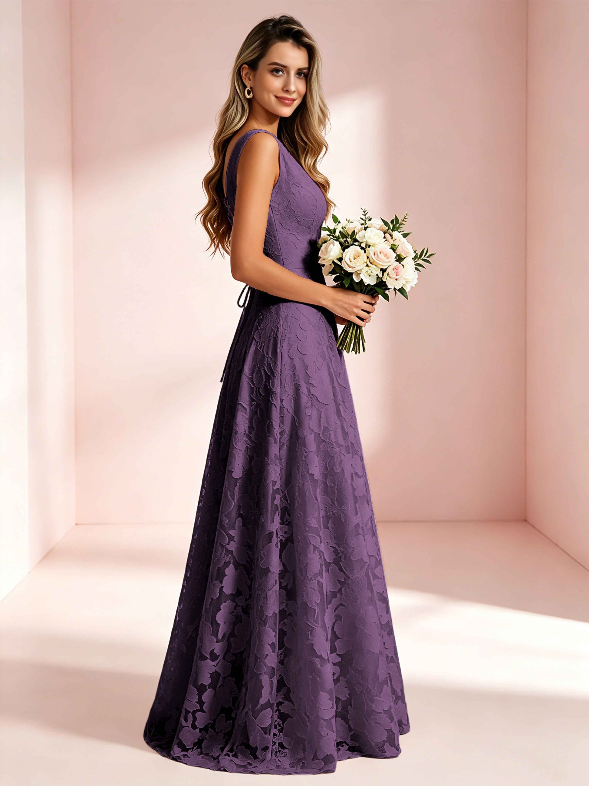 Boat Neck Jacquard Chiffon Floor Length Bridesmaid Dresses