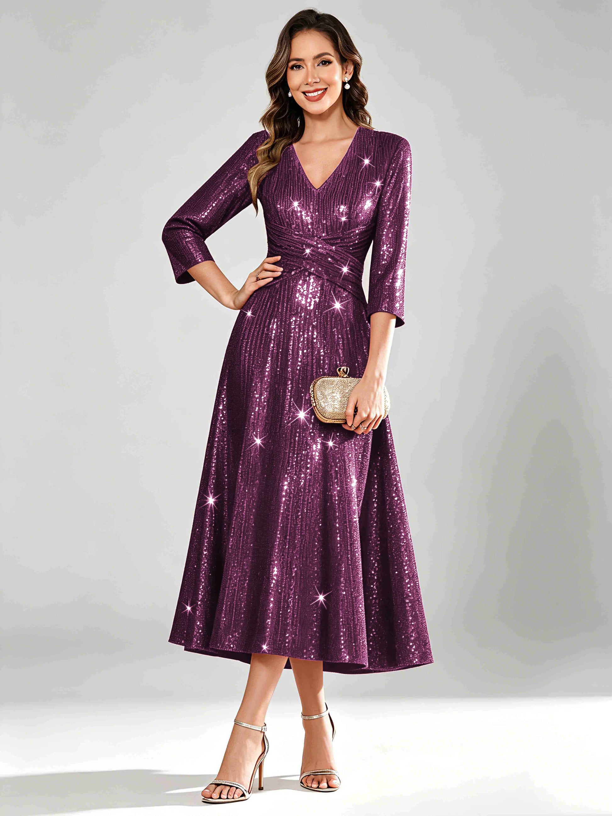 Sequin Sparkly 3/4 Sleeve Dressy Mother of The Bride Dresses