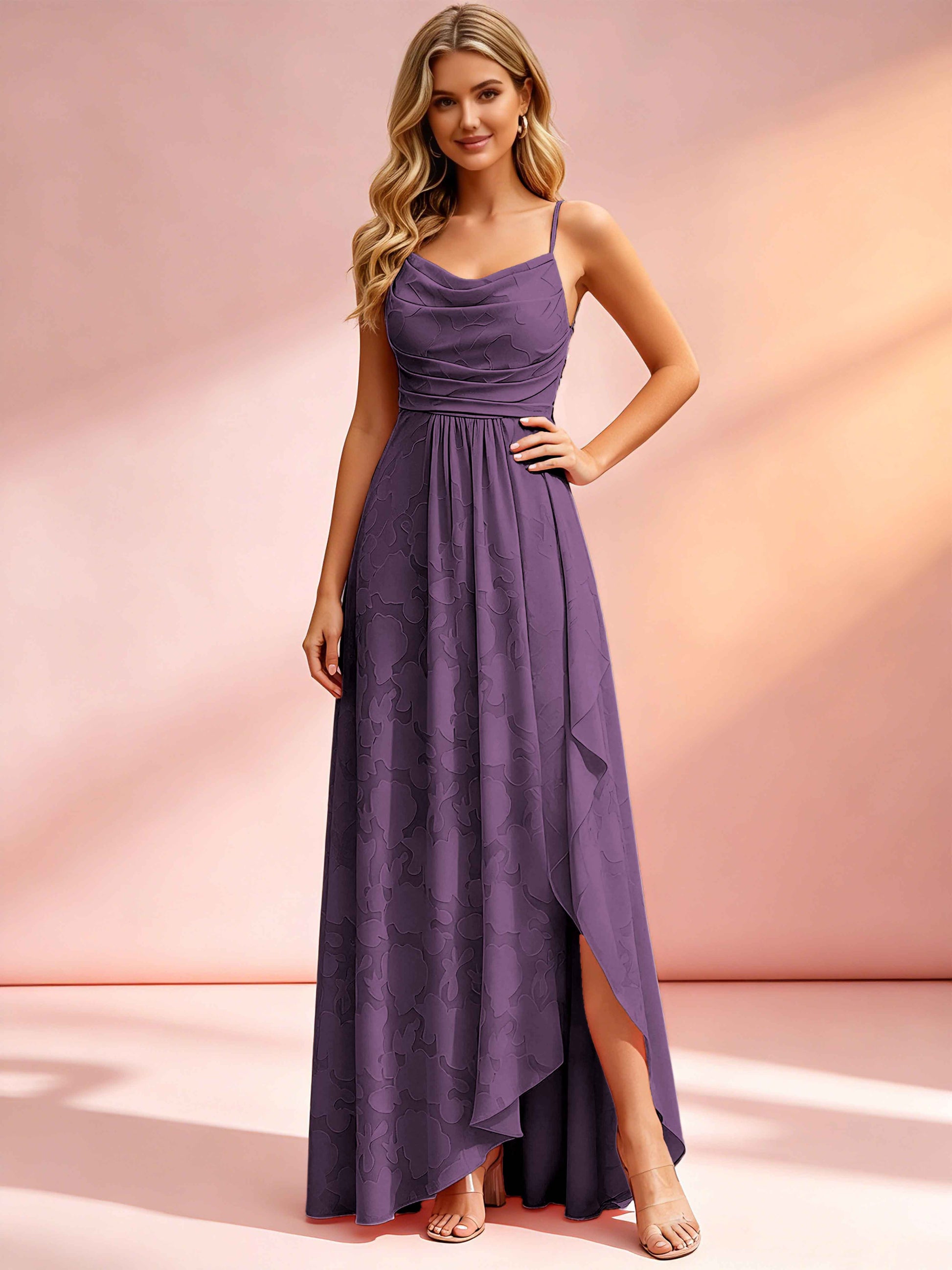 Jacquard Chiffon Cowl Neck Bridesmaid Dresses with Ruffle Slit