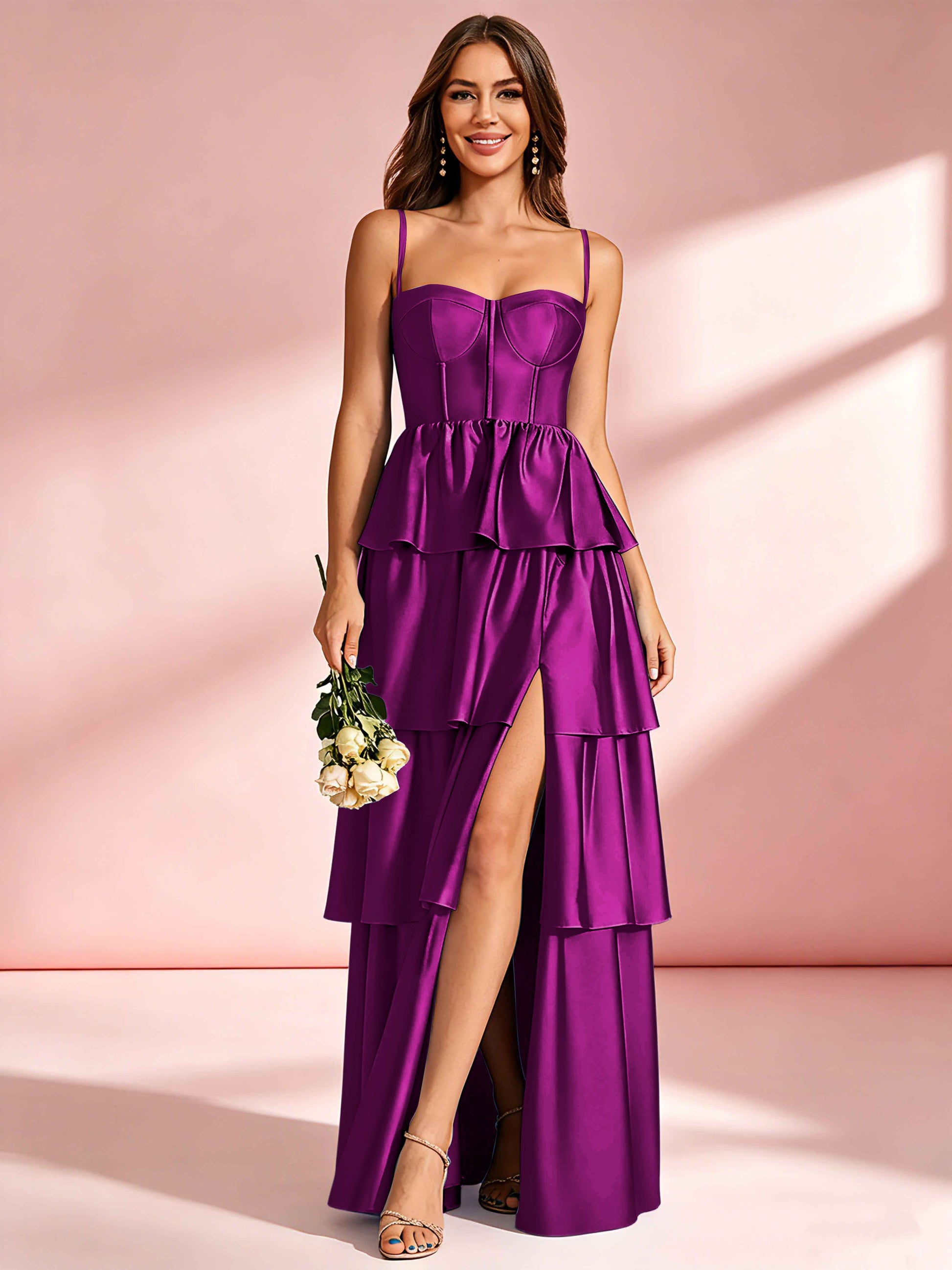 Satin Tiered Corset Bridesmaid Dresses Formal Evening Gown