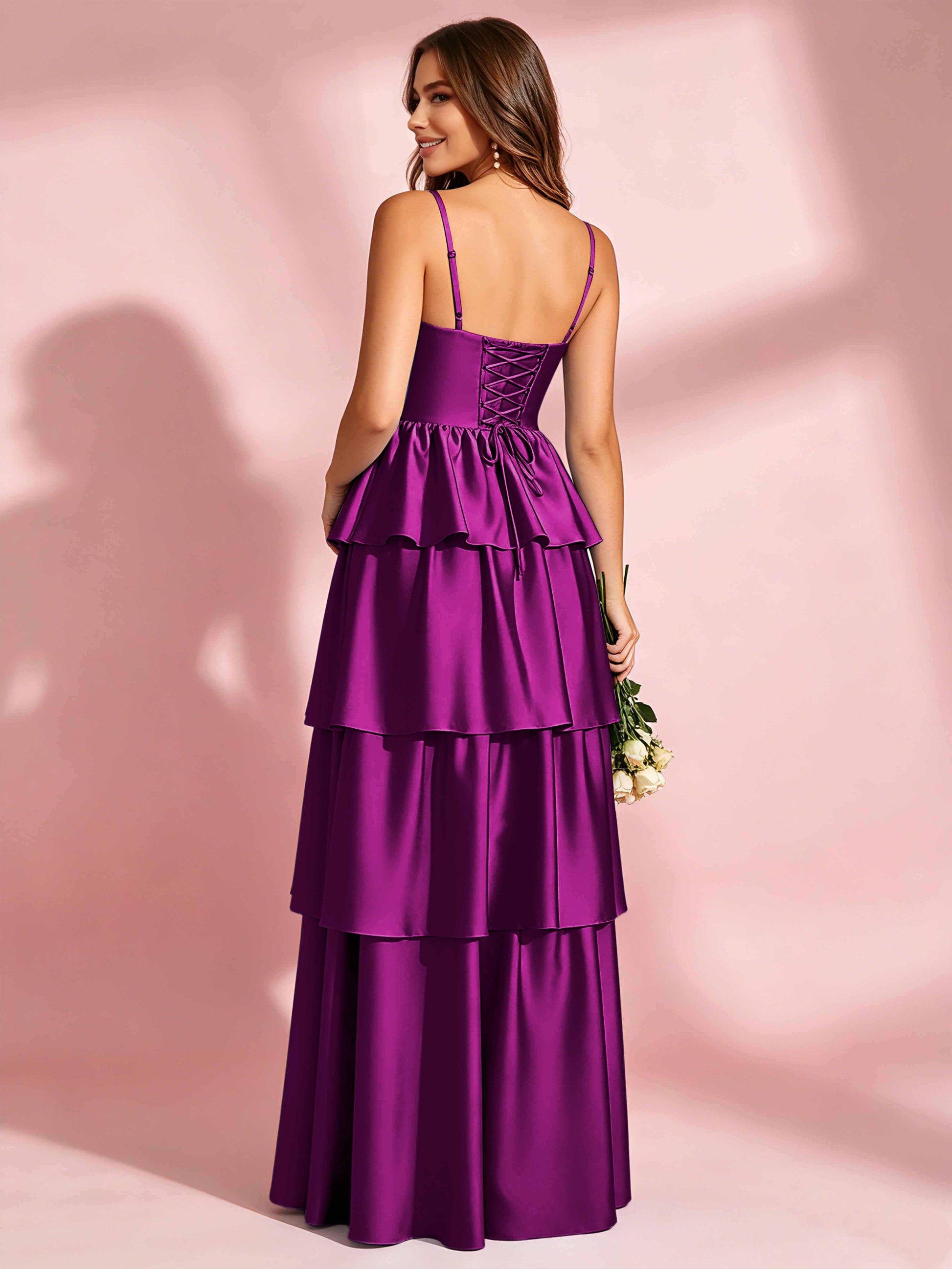 Satin Tiered Corset Bridesmaid Dresses Formal Evening Gown