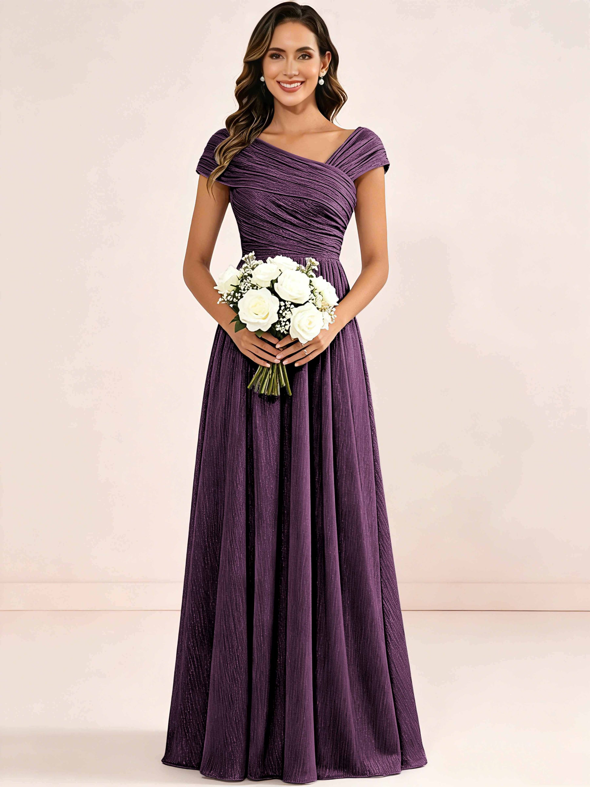 Shiny Striped Chiffon Ruched Cap Sleeve Mother of The Bride Dress