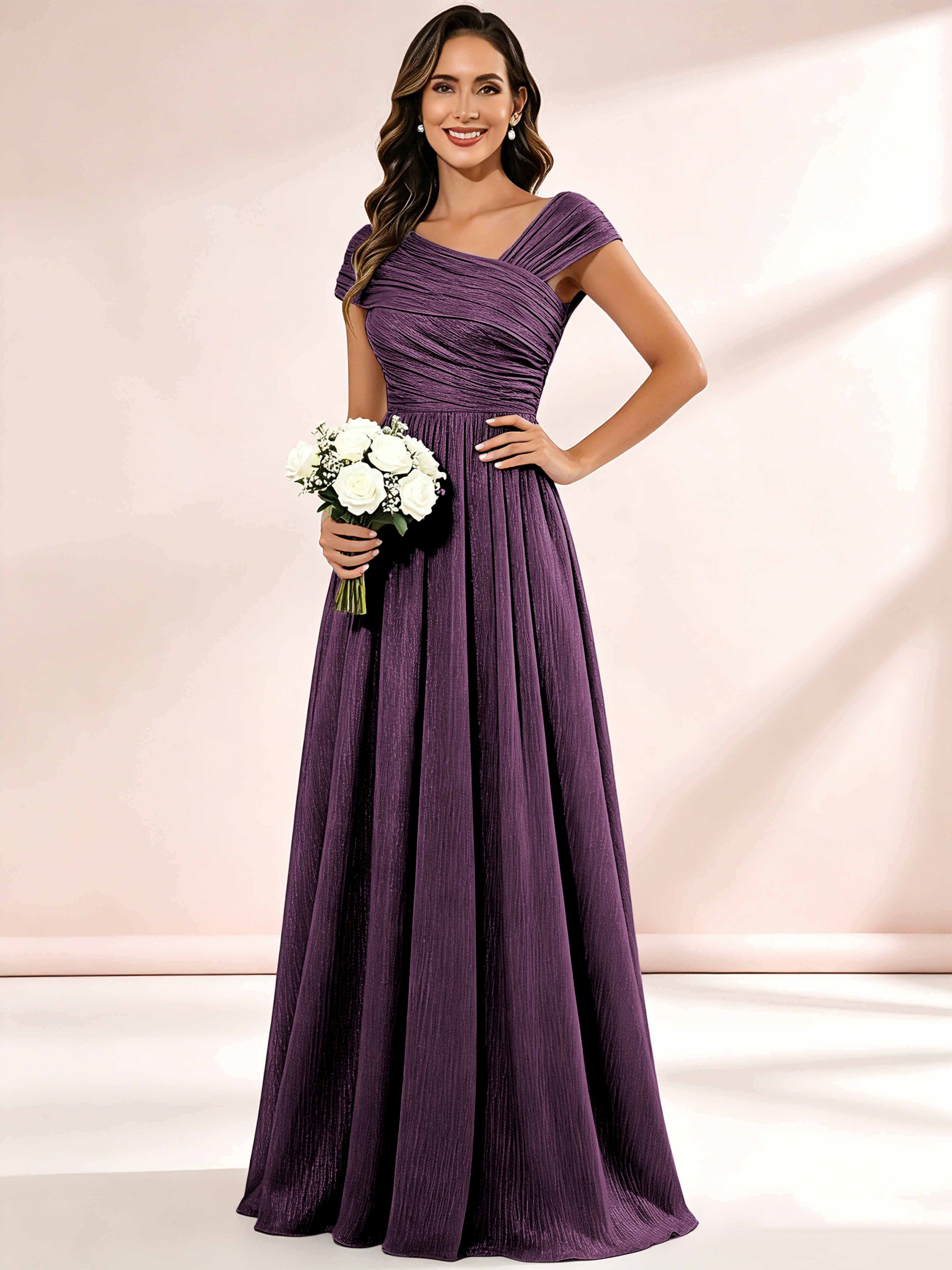 Shiny Striped Chiffon Ruched Cap Sleeve Mother of The Bride Dress