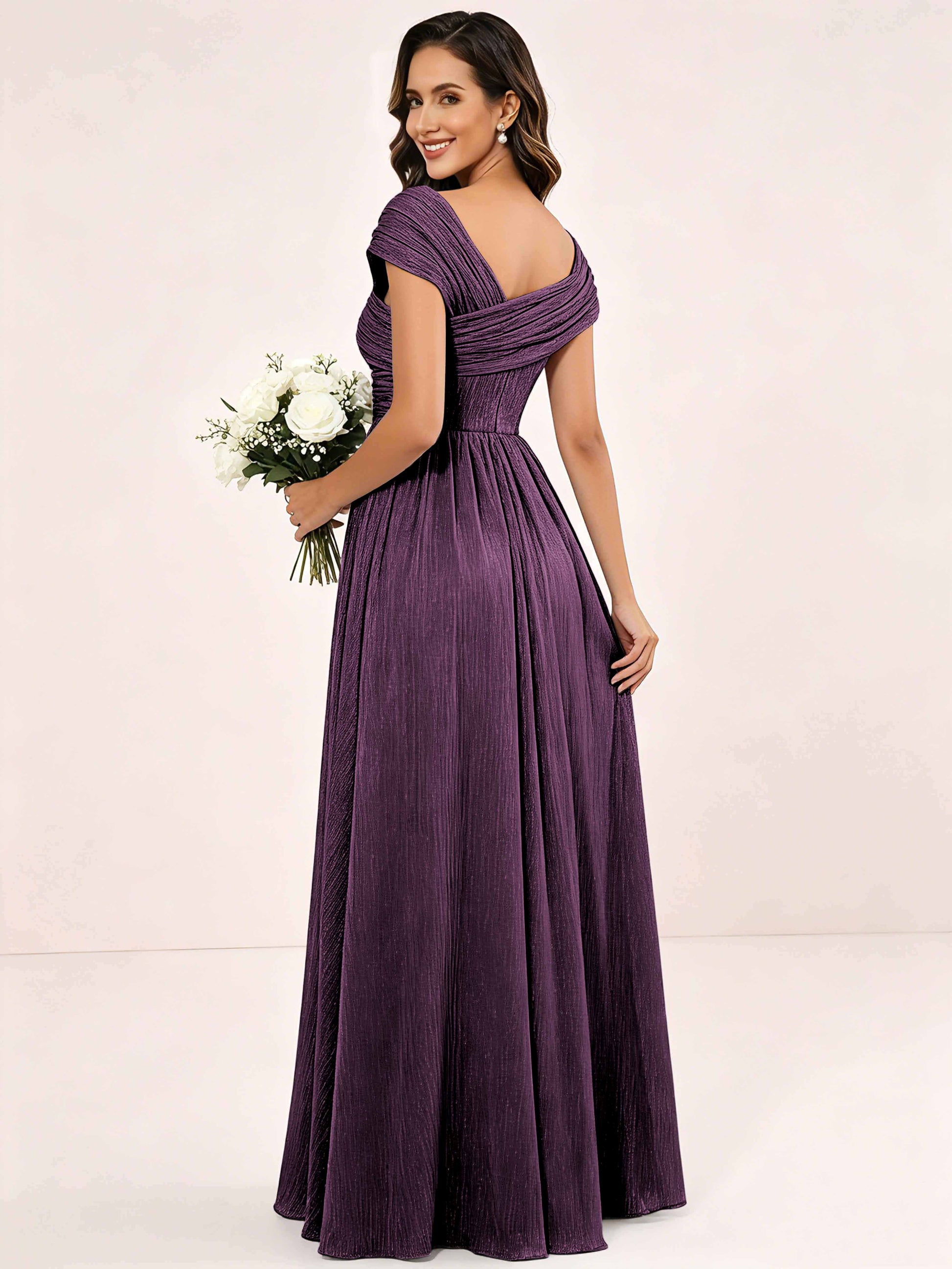 Shiny Striped Chiffon Ruched Cap Sleeve Mother of The Bride Dress
