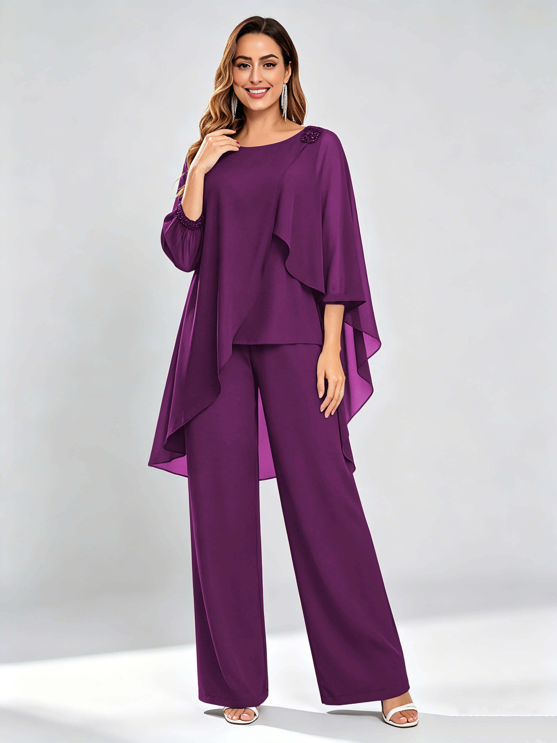 Asymmetric Chiffon 2 Pieces Mother of The Bride Pant Suits