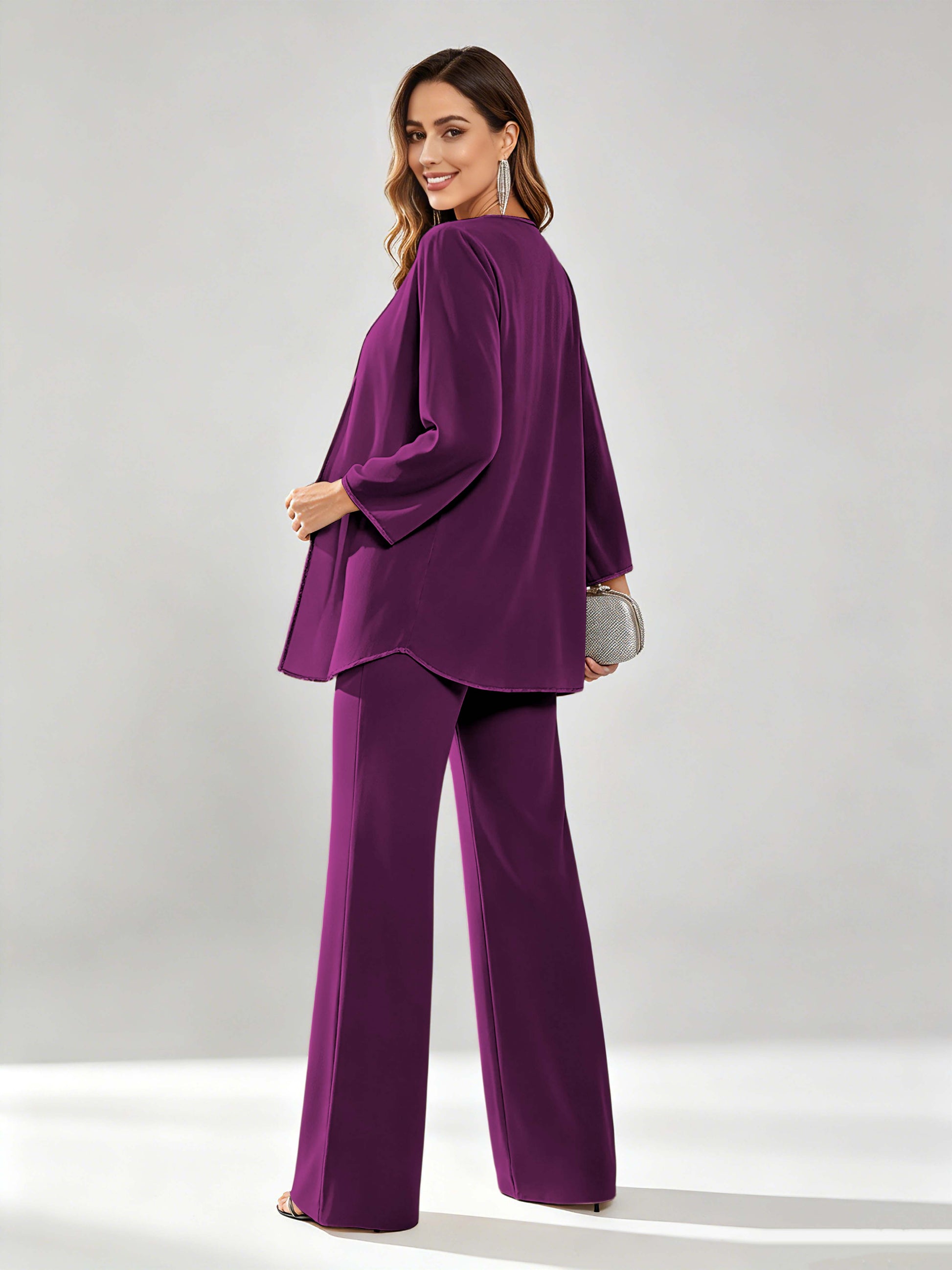 Chiffon Sequin 3 Pieces Mother of The Bride Pant Suits for Women