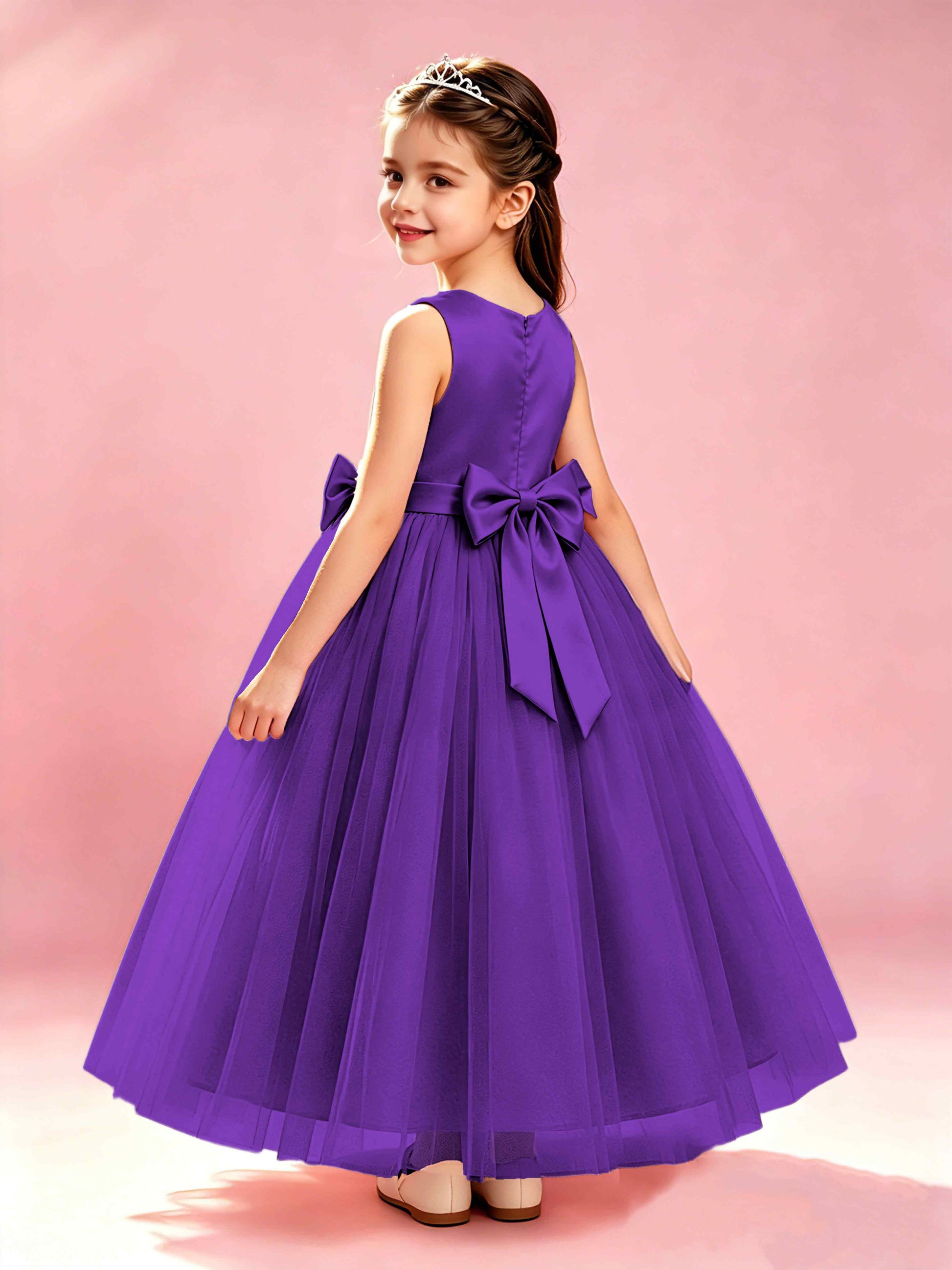 Satin Tulle Flower Girl Dress with Bow Princess Girls Pageant Gowns