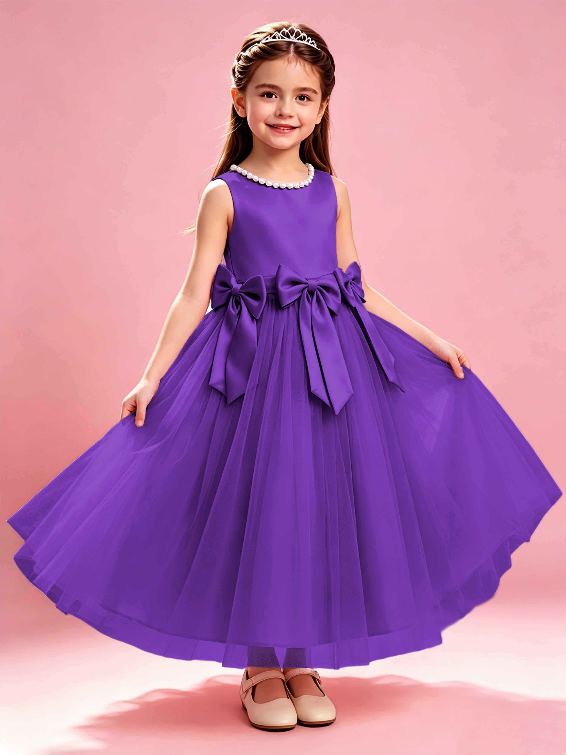 Satin Tulle Flower Girl Dress with Bow Princess Girls Pageant Gowns