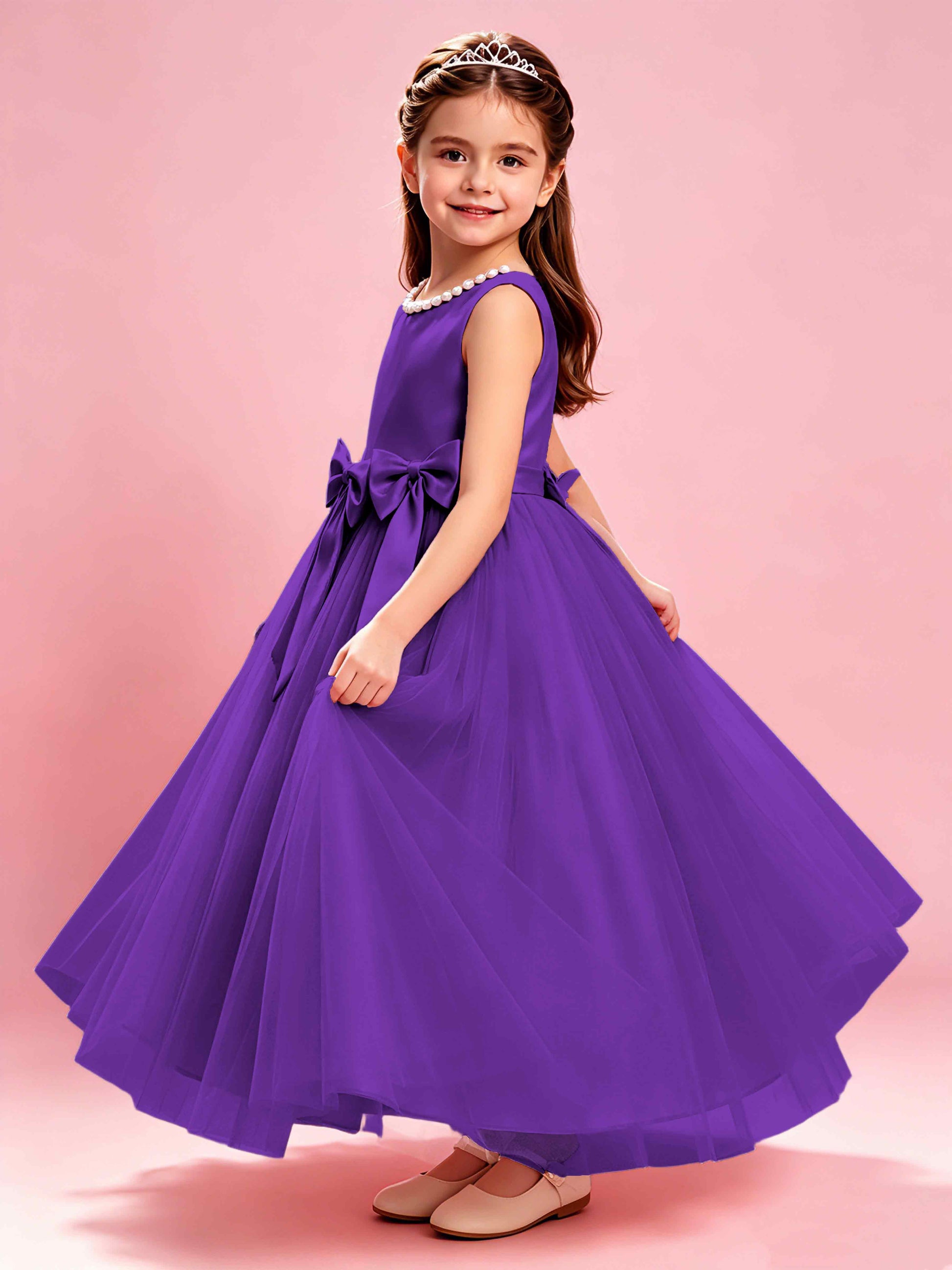 Satin Tulle Flower Girl Dress with Bow Princess Girls Pageant Gowns