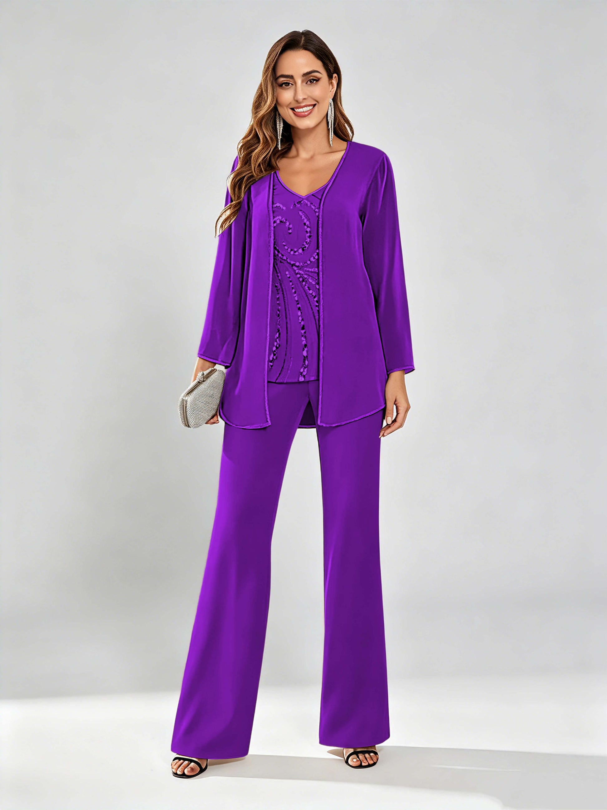 Chiffon Sequin 3 Pieces Mother of The Bride Pant Suits for Women