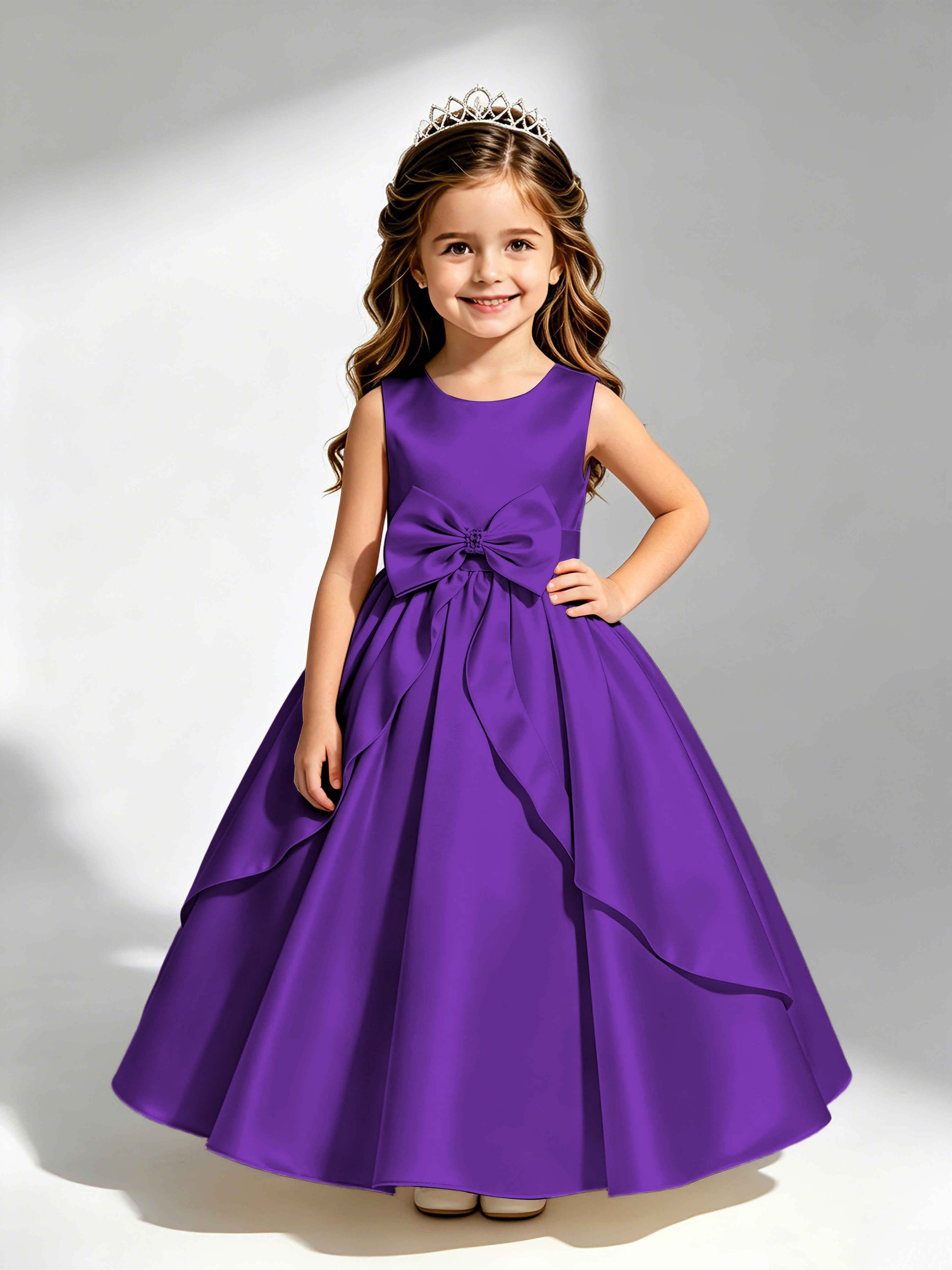 Satin Flower Girl Dress with Bow Princess Girls Pageant Gowns
