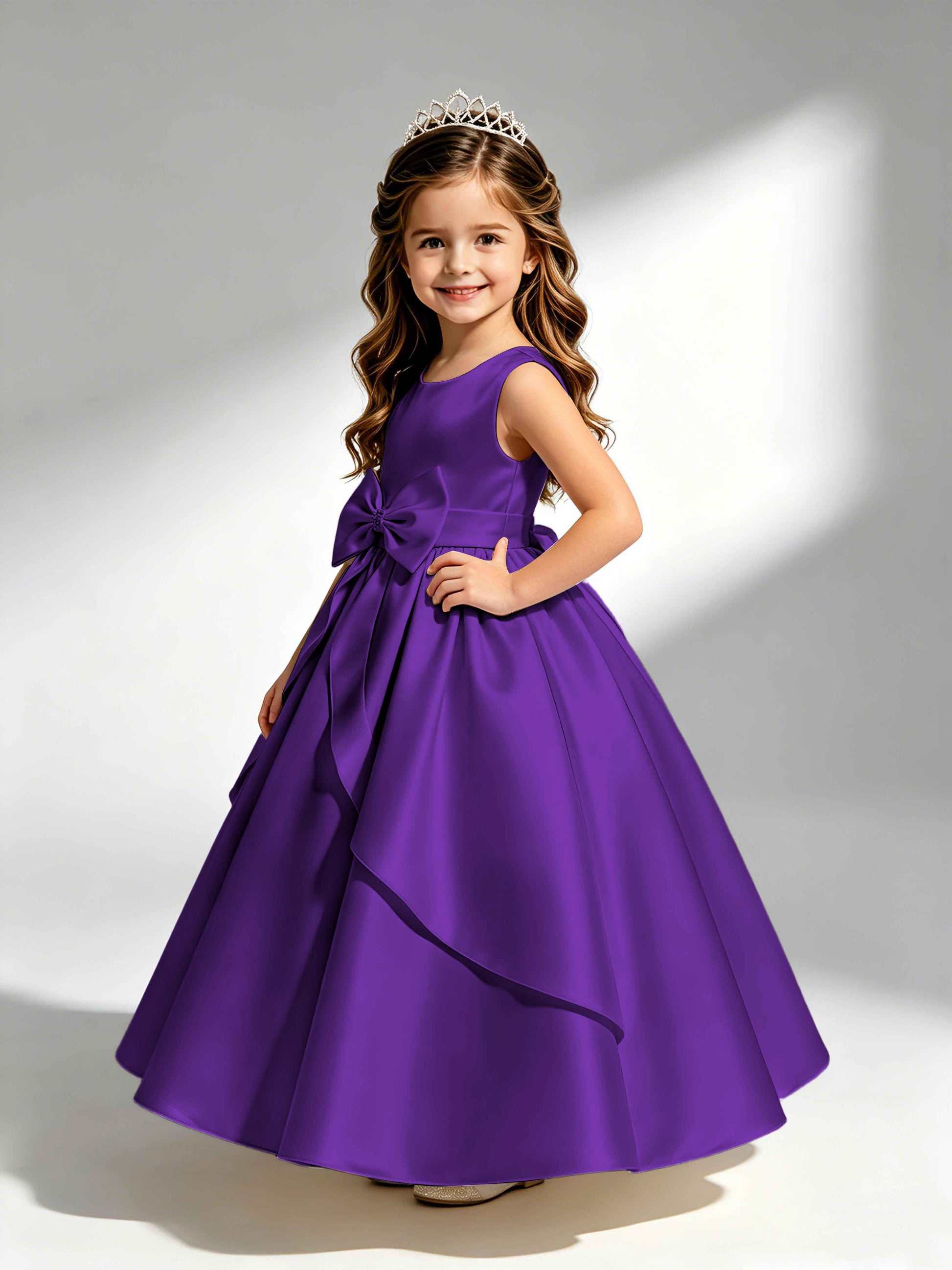 Satin Flower Girl Dress with Bow Princess Girls Pageant Gowns